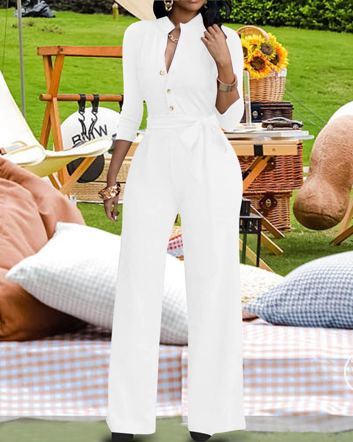 LalaLin Sexy 3/4 Sleeve Jumpsuit for Women V Neck High Waisted Long Wide Leg Pant Button Down Party Romper with Belt White - Image 6