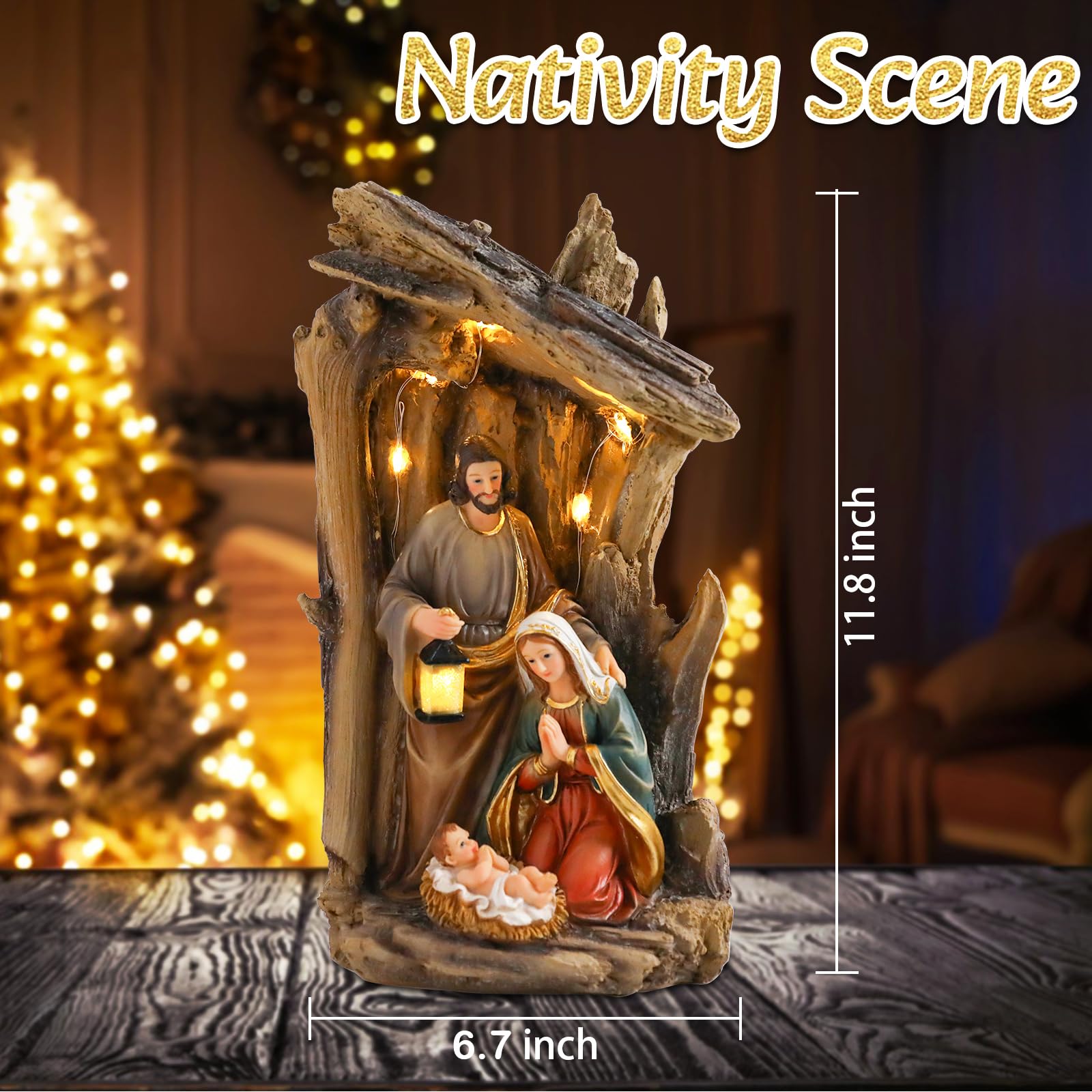 Yinns Zestaw szopki bożonarodzeniowej do wewnątrz, 30 cm, zestaw szopki z figurkami, podświetlana szopka bożonarodzeniowa, dekoracja stołu z żywicy religijnej, dekoracja stołu na Boże Narodzenie