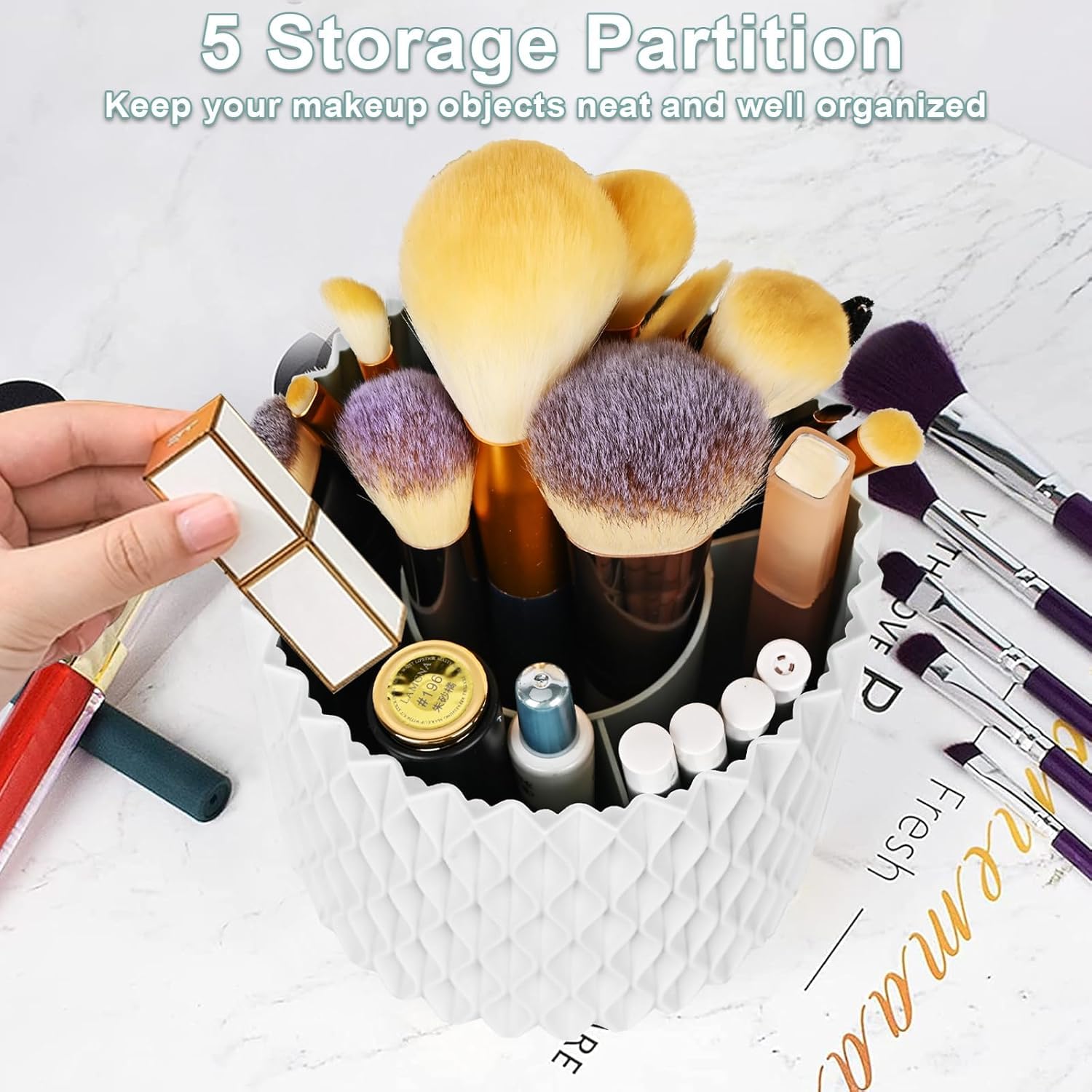 INOVERA (LABEL) 5 Slot Makeup Brush Organizer - 360° Rotating Cosmetic Brushes Storage Case Holder for Women, Girls (White) 2