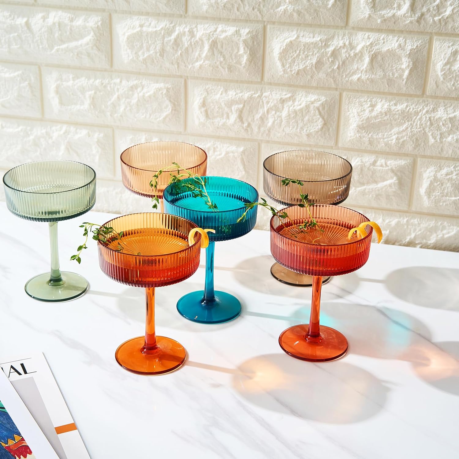 Khen Shatterproof Acrylic Ribbed Vintage Art Deco Martini, Champagne & Cocktail Muted Color Plastic Coupe Glasses | Set of 6 | 8 oz Ripple Glassware Classic Cocktail Indoor & Outdoor, European Style - Image 4