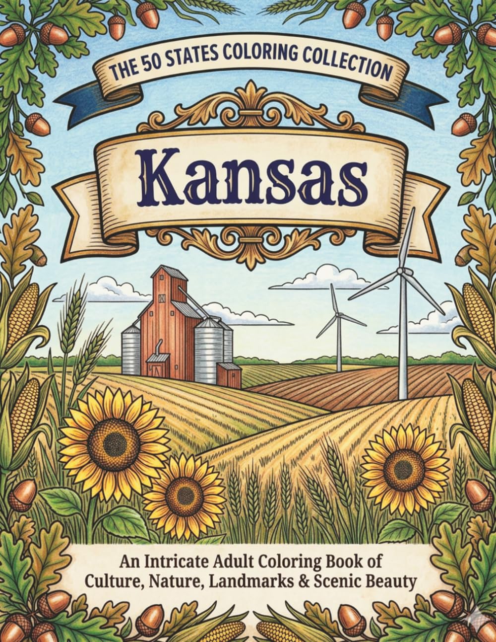 Kansas Heartland Coloring Book: Prairie Landscapes, Sunflowers, Wildlife, Historic Landmarks and Relaxing Scenes for Adults and Teens