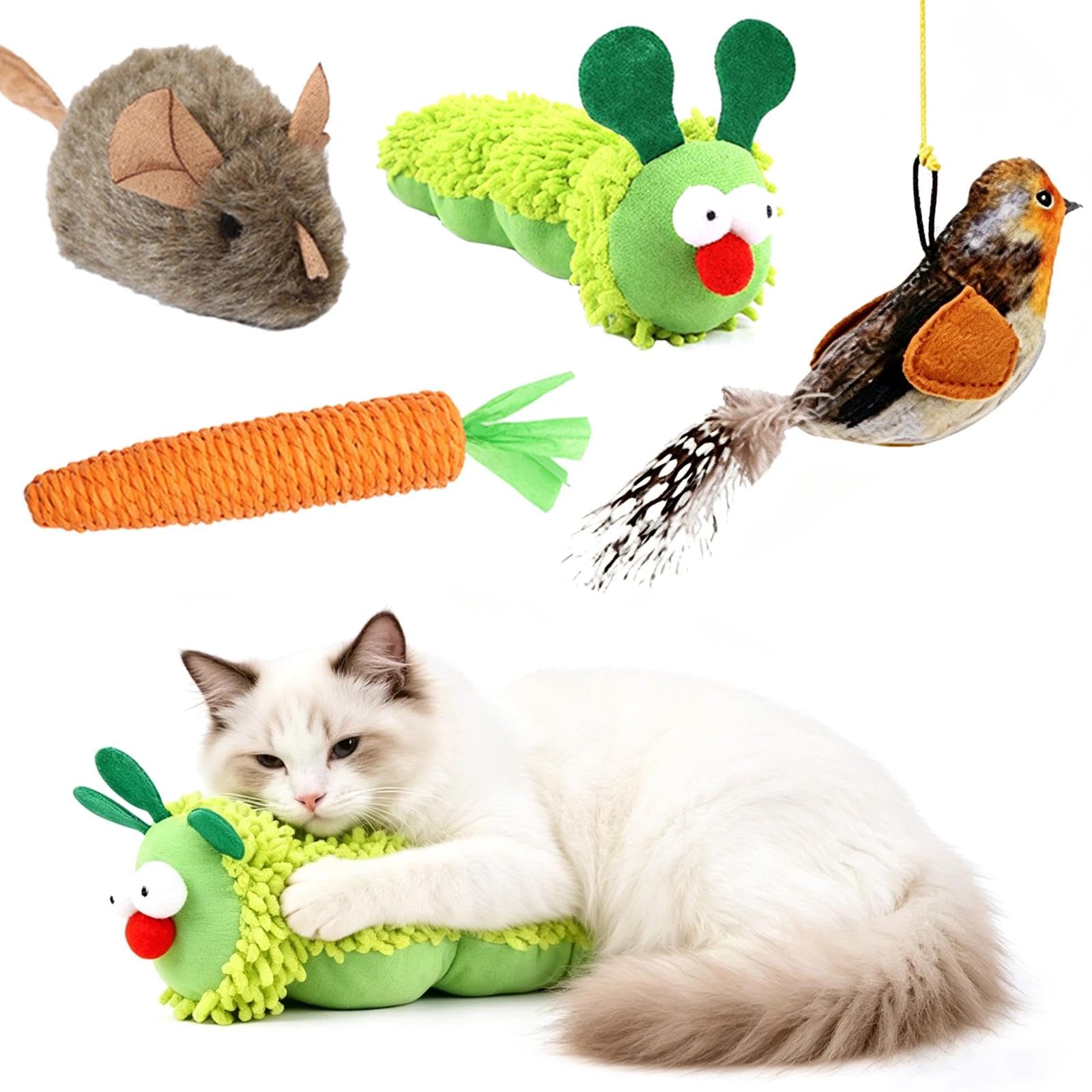 YANKOIUK Catnip Toys for Cats, 4PCS Cat Toys Interactive for Indoor Cats, Caterpillar Catnip Toy with Carrot Scratch Pad & Chirping Bird Mouse Toy, Chewing Cat Toys for Indoor Cats Adult & Kittens