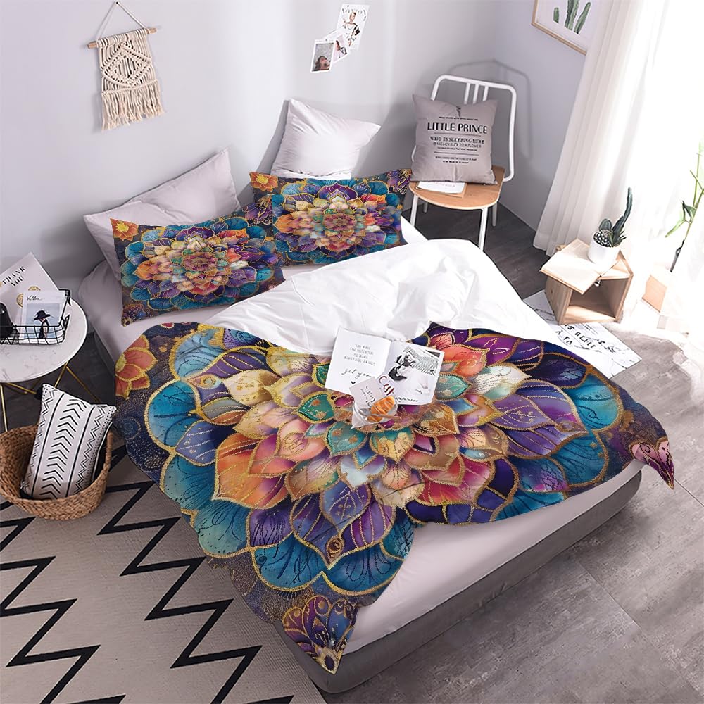 3D Mandala Bettwäsche Set 135x200 cm 4teilig Microfaser Warme Sommer Weich Bettwäsche Retro Floral Bettbezug Kinderbettwäsche mit 2 Kissenbezug 50x75 cm（Stil 211-17）