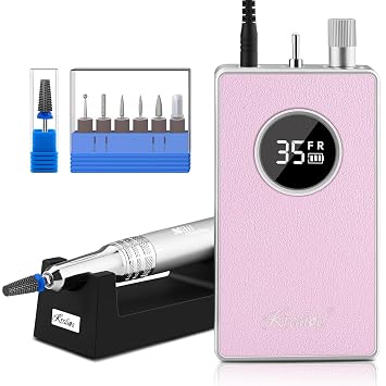 Kredioo Nail Drill Professional Super Quiet with Coreless Motor 35000RPM Electric File 6+1 Tungsten Bits Kit Portable Strong Drill para unas Profesional Remove Acrylic Nails Dip Powder-Pink