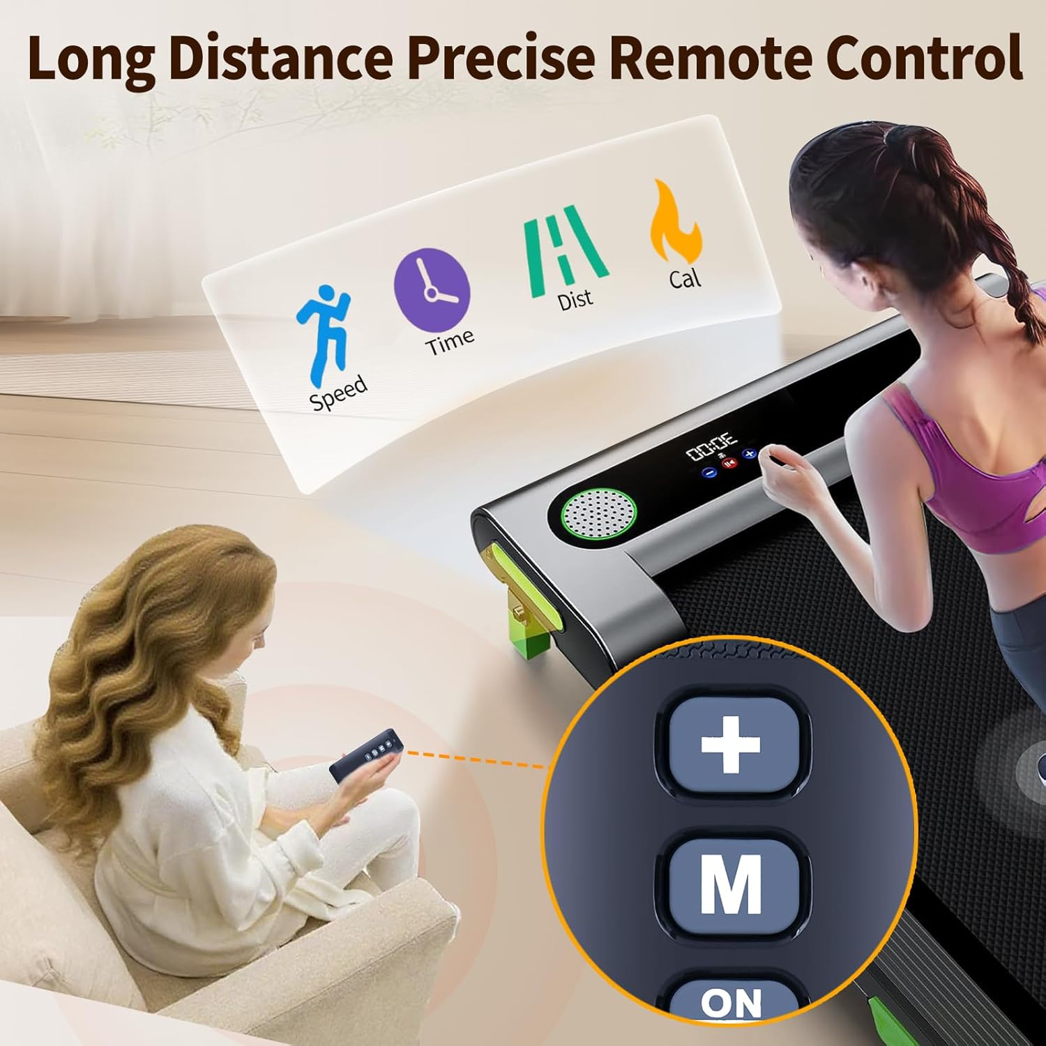 Image showing a person using the remote control with a treadmill, highlighting features like speed, time, distance, and calorie tracking.