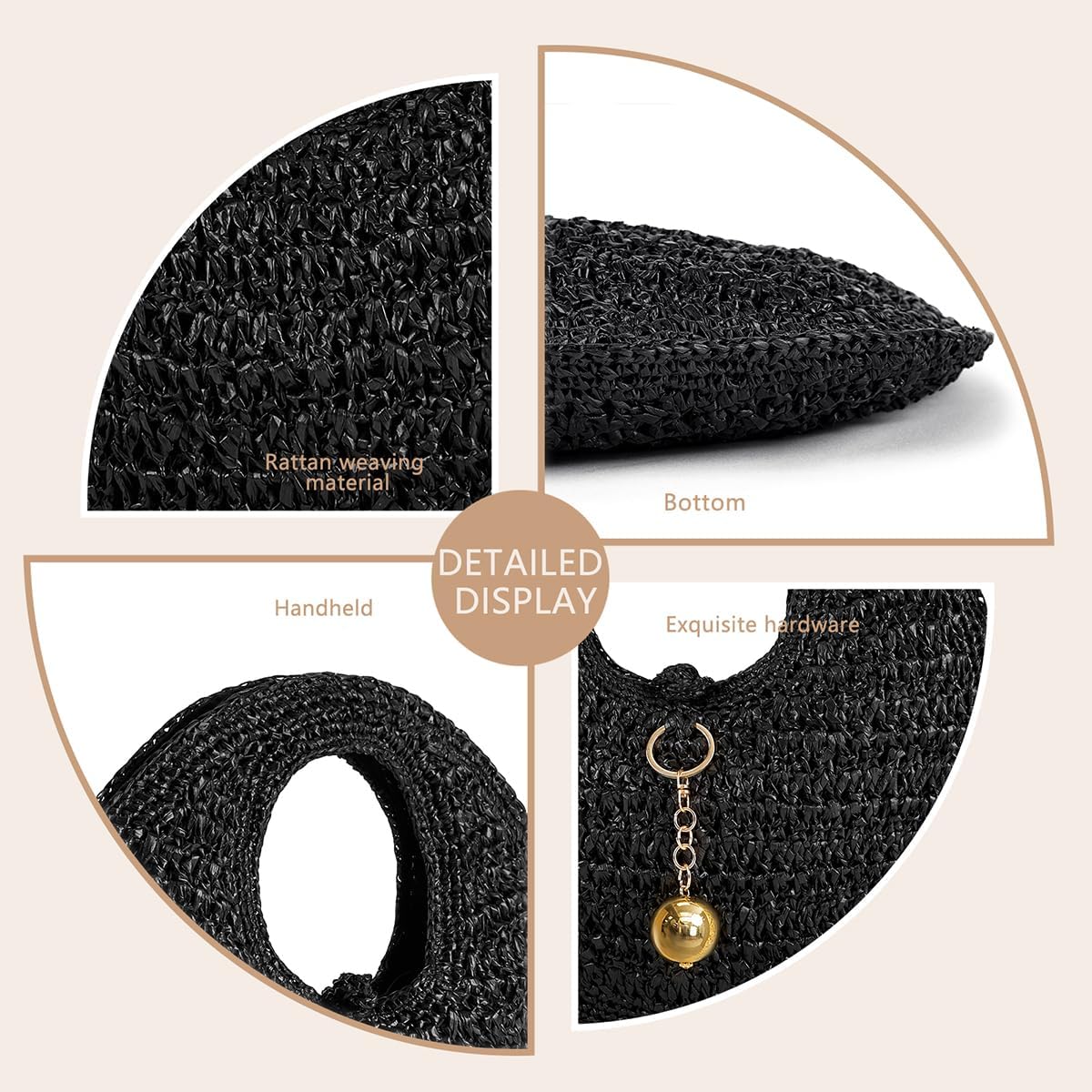 PHILOMENA Woven Straw Beach Bag for Women Handmade Raffia Circle Bag, Summer Boho Chic Tote Purse Handbag Large Round Bag - Image 6