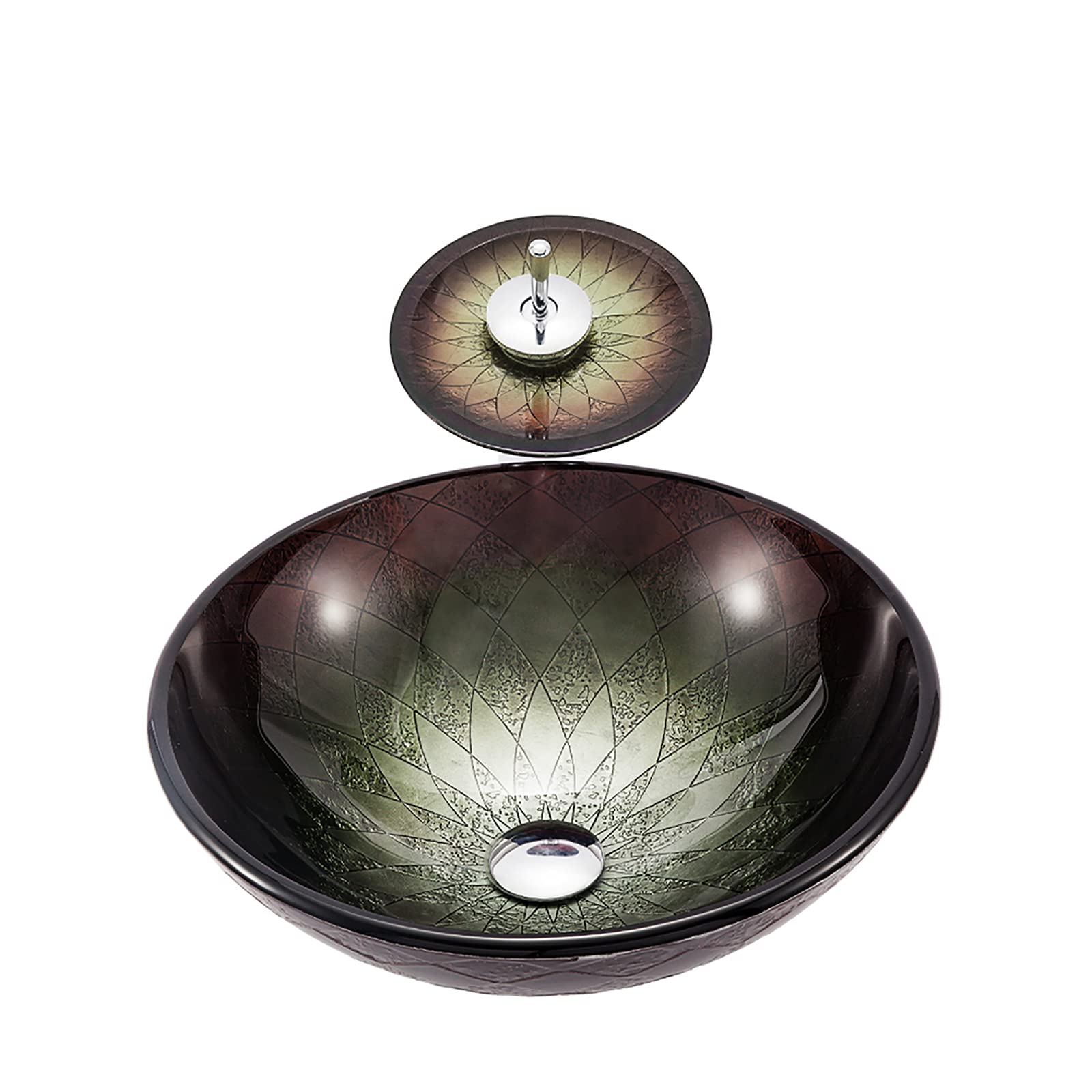TIANQIHAO Bathroom Vessel Sink Artistic Tempered Glass Round Bowl Countertop Vanity With Waterfall Faucet And Pop Up Drain Combo