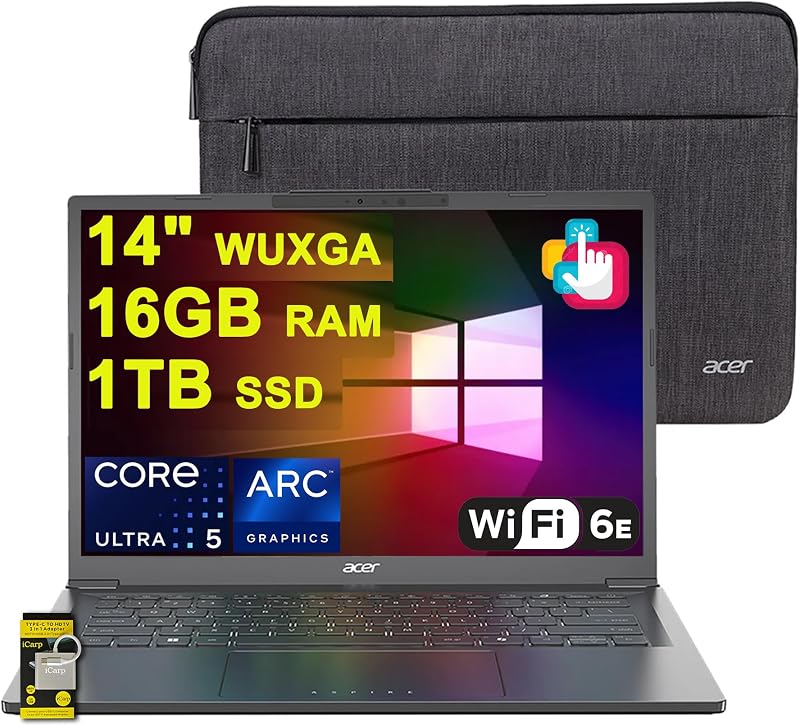Aspire 14 AI Portable Laptop 14" WUXGA Matte Touchscreen Intel 8-core Ultra 5 226V (Up to 40 NPU Tops - Up to 53 GPU Tops) 16GB RAM 1TB SSD for Creator Business Work Win11 ICP Hub