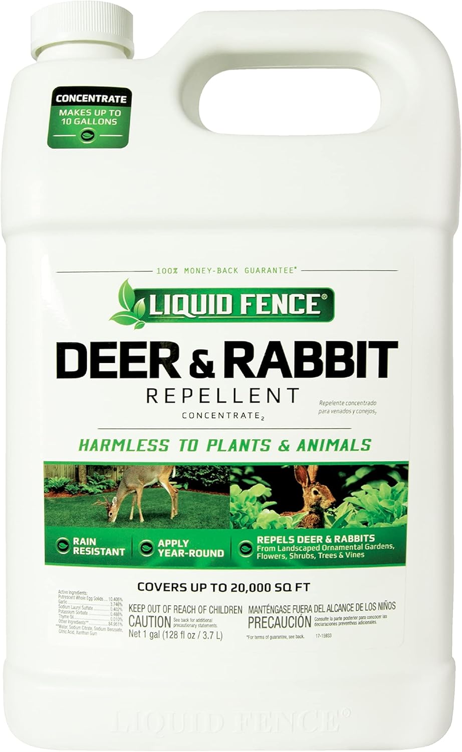 Liquid Fence Deer and Rabbit Repellent Concentrate, Repels Deer and Rabbits in Garden, Harmless to Plants and Animals When Used & Stored as Directed, 1 Gallon 1-Gallon Concentrate