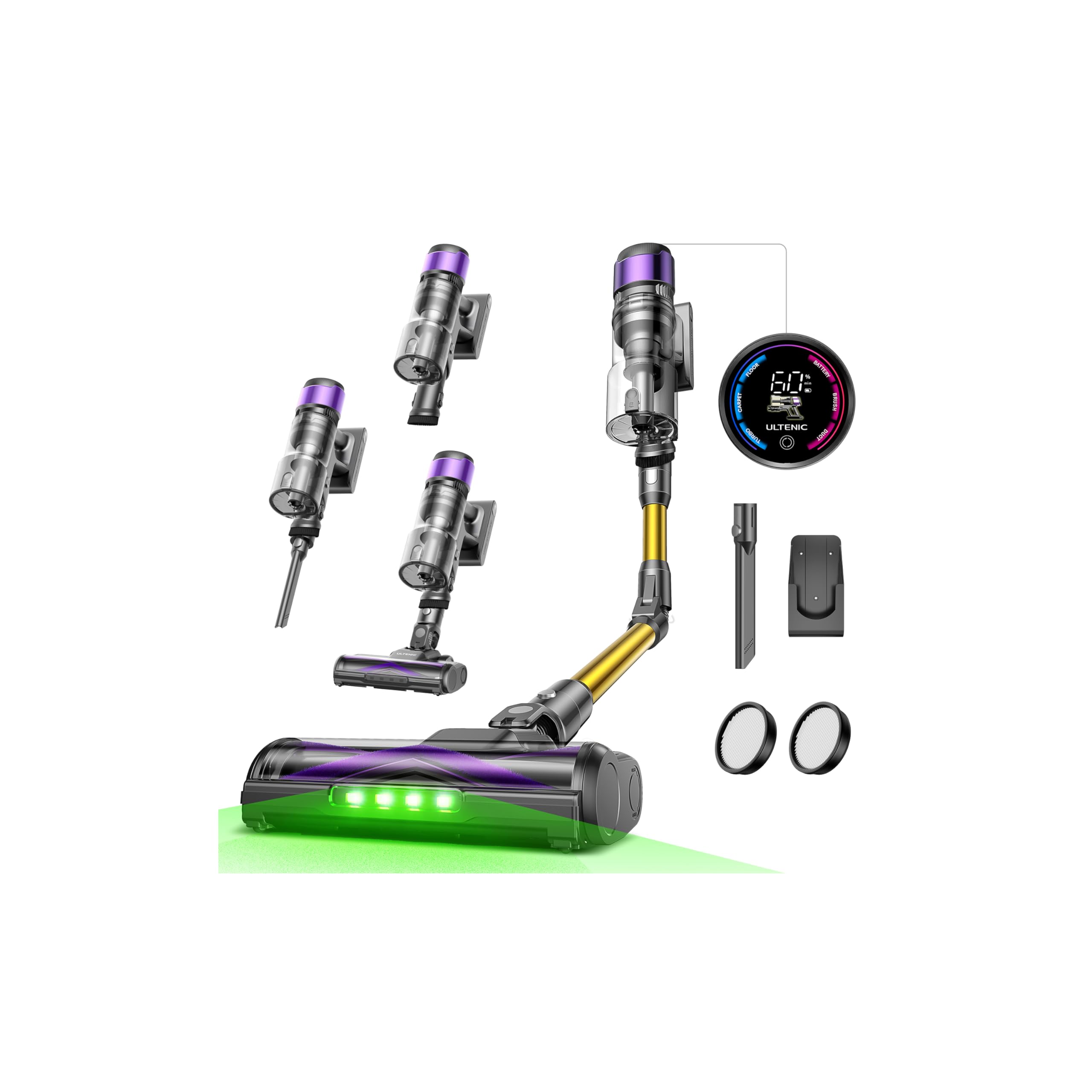 Ultenic U20 Cordless Vacuum Cleaner 55KPa/60Min/600w, Upgraded Bendable Stick Vacuum, Touch Screen, Anti Tangle Brush, GreenEye Headlight,Self Standing Hoover Vacuum for Floors, Carpet & Pet Hair — image 1