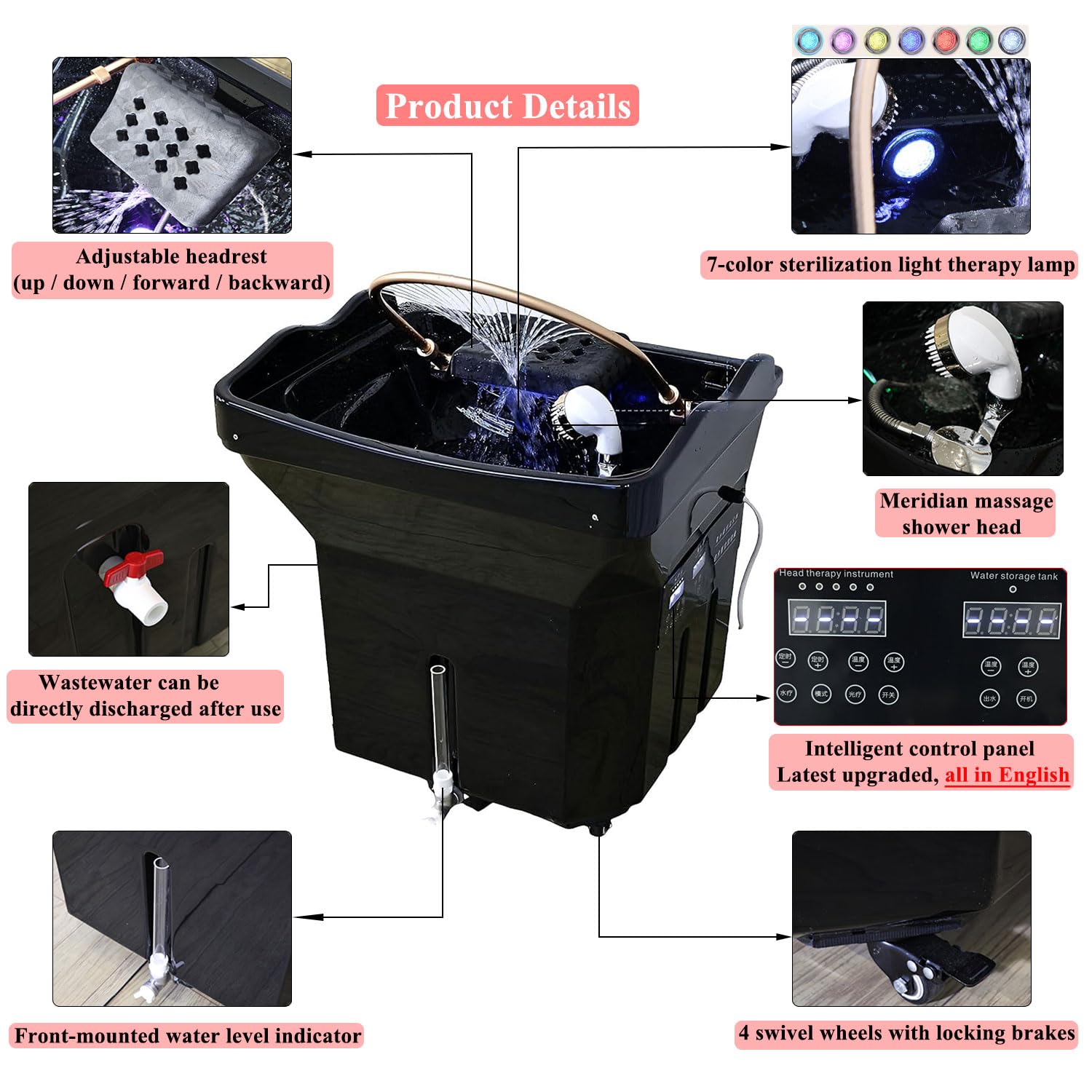 Lavacabezas Peluqueria con Tanque 60L, Lavacabezas Portatil para Casal con Ruedas, Lava Cabezas con Inhalador Vapor y Cubierta Vapor, Apto Para Spa Capilares y Salones de Peluquería, Negro