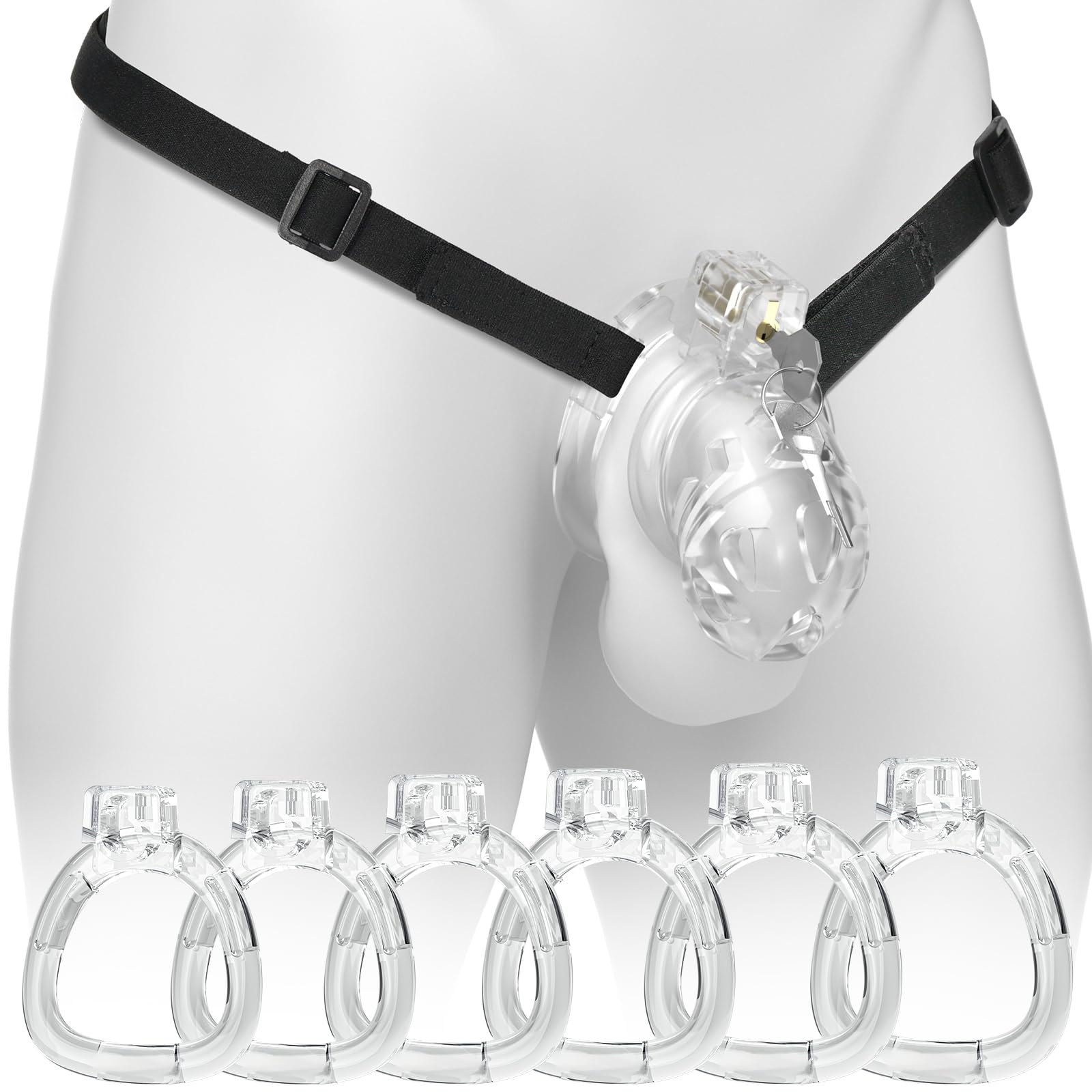 Vikkiy Male Chastity Cage, Soft Silicone Chastity Device with 6 Rings M Transparent