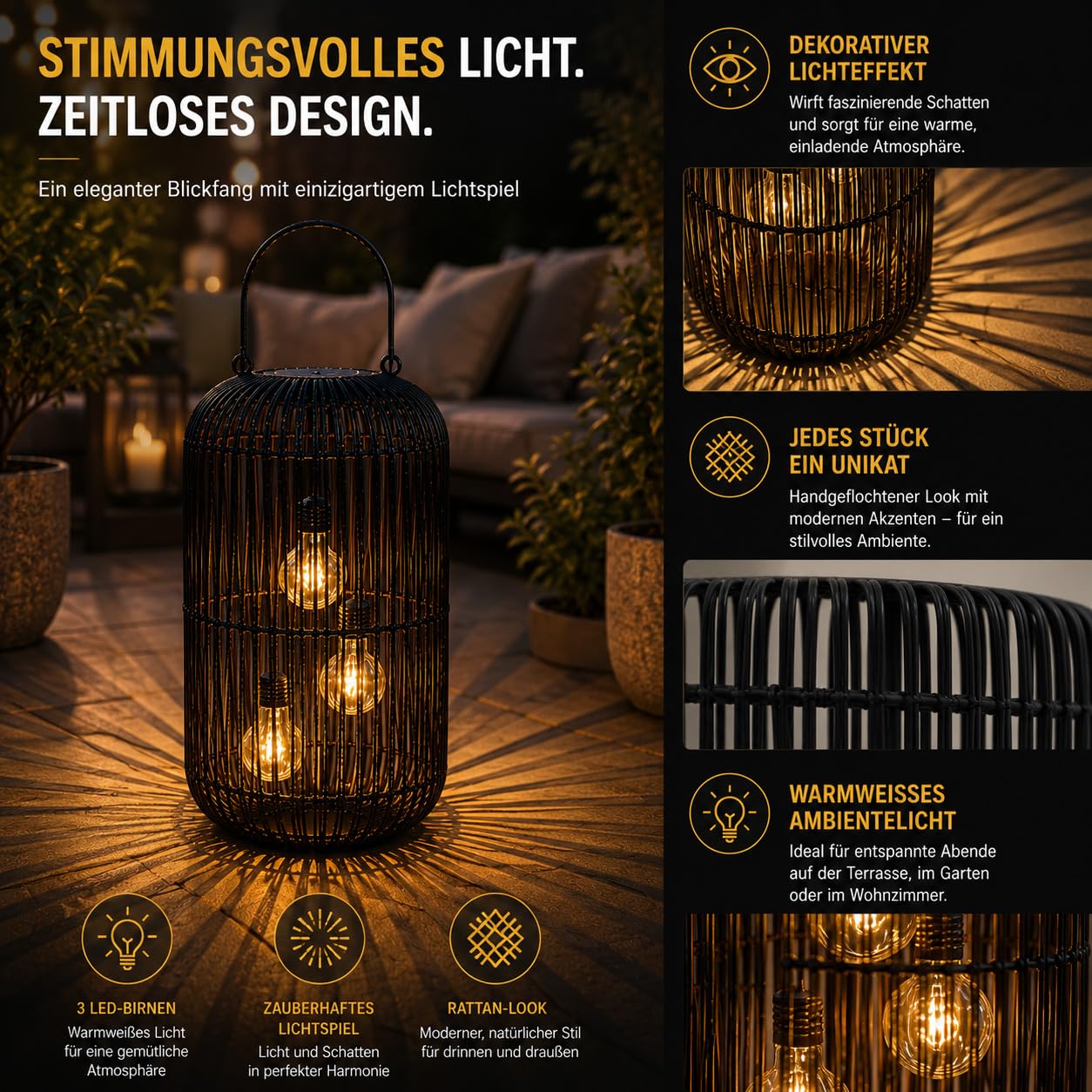 formano Solarlaterne Außen Rattan Look 45 cm mit 3 LED Birnen & Sensor