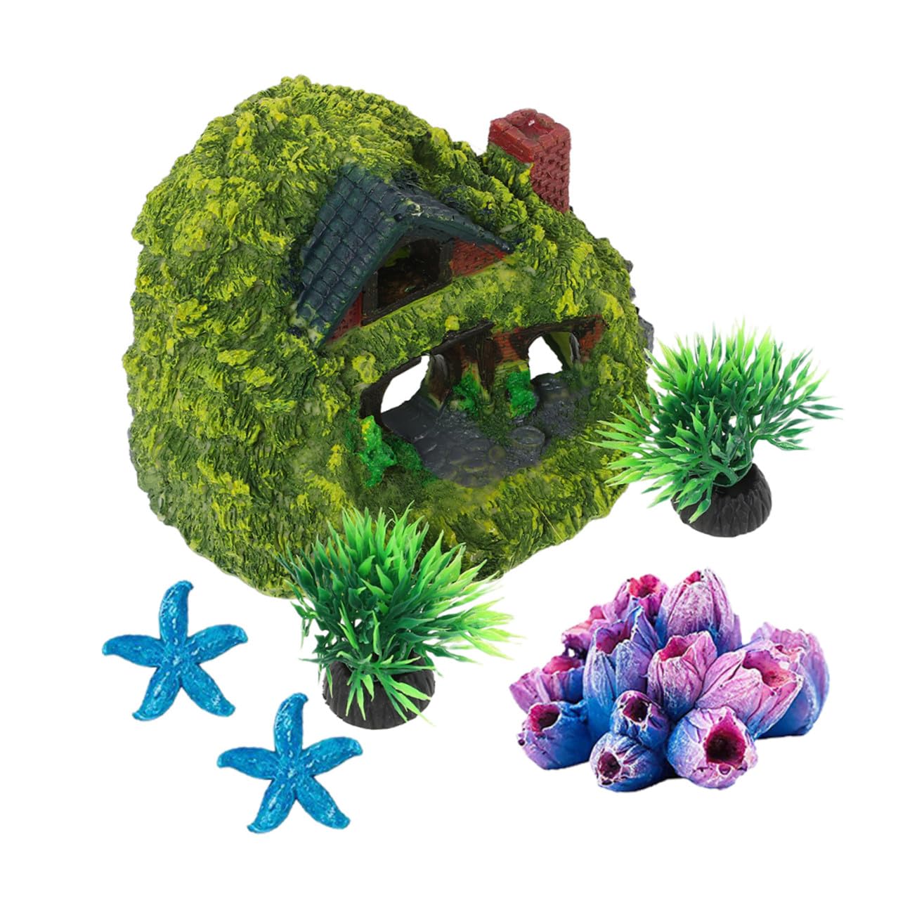FRCOLOR Fish Tank Decor Resin Hobbit House Hideout with Coral Set Small Aquarium Cave Ornament for Shrimp Reptiles