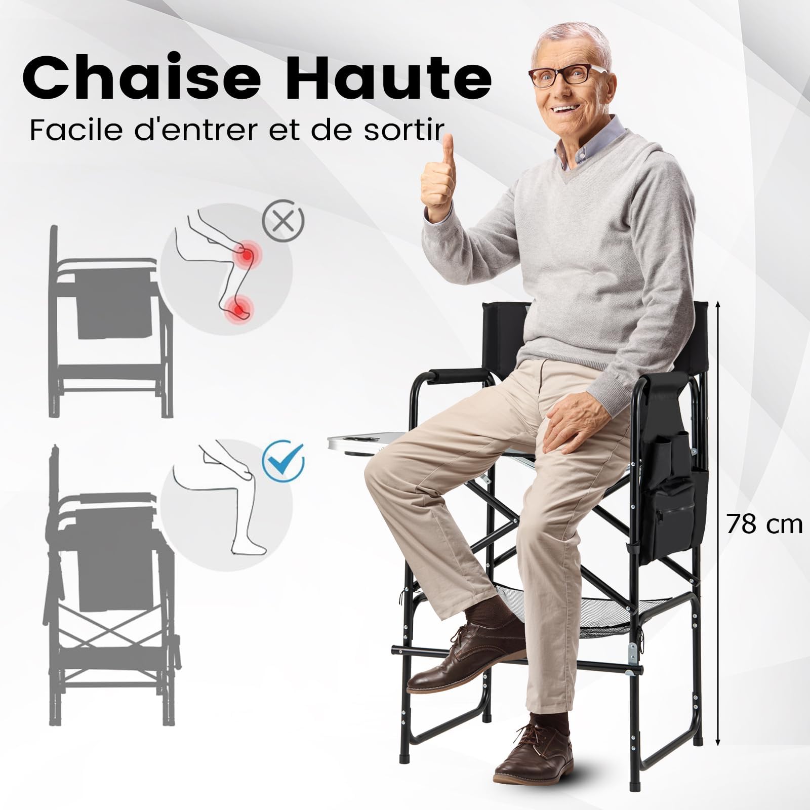 GYMAX Chaise Maquillage Professionnel 116,5 cm, Chaise Metteur en Scène Pliable Portable avec Plateau, Porte-Gobelet, Repose-Pieds, Sac en Filet, Poche de Rangement, Chaise Haute pour Studio
