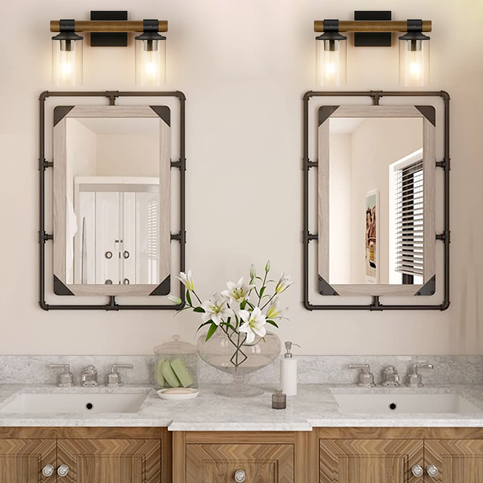 2-Light Farmhouse Bathroom Light Fixtures Rustic Wood Bathroom Vanity Light Industrial Vintage Metal Vanity Lights for Bathroom with Clear Glass Shade with E26 Base UL Listed (Bulb not Included)