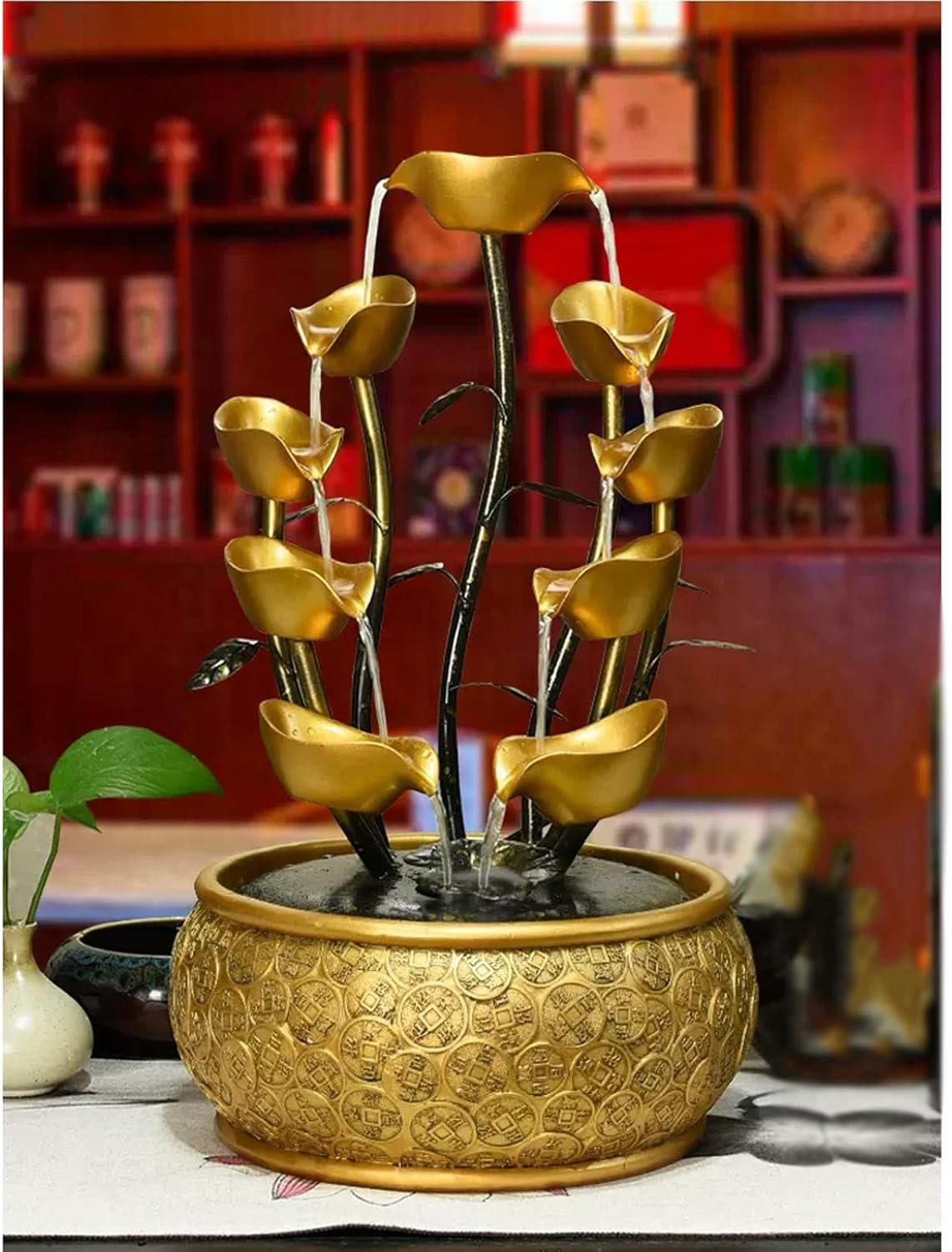 屋内噴水 卓上噴水 クリエイティブな金箔の流れる水 卓上噴水 金 中国の金貨パターン 装飾ベースとポンプデスク噴水 ホームオフィス装