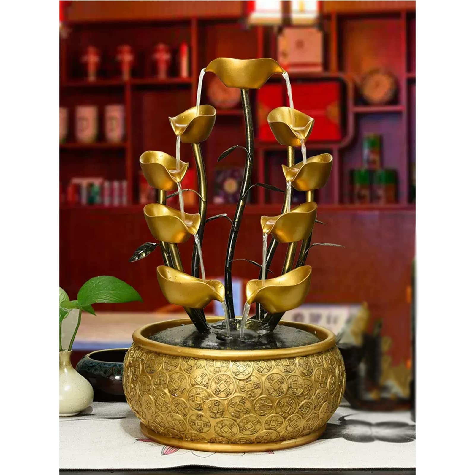 Fontana da tavolo Fontana da scrivania Fontana da scrivania con acqua corrente creativa con motivo a monete d'oro e base decorativa e fontana da tavolo con pompa Fontana da tavolo per interni(S)