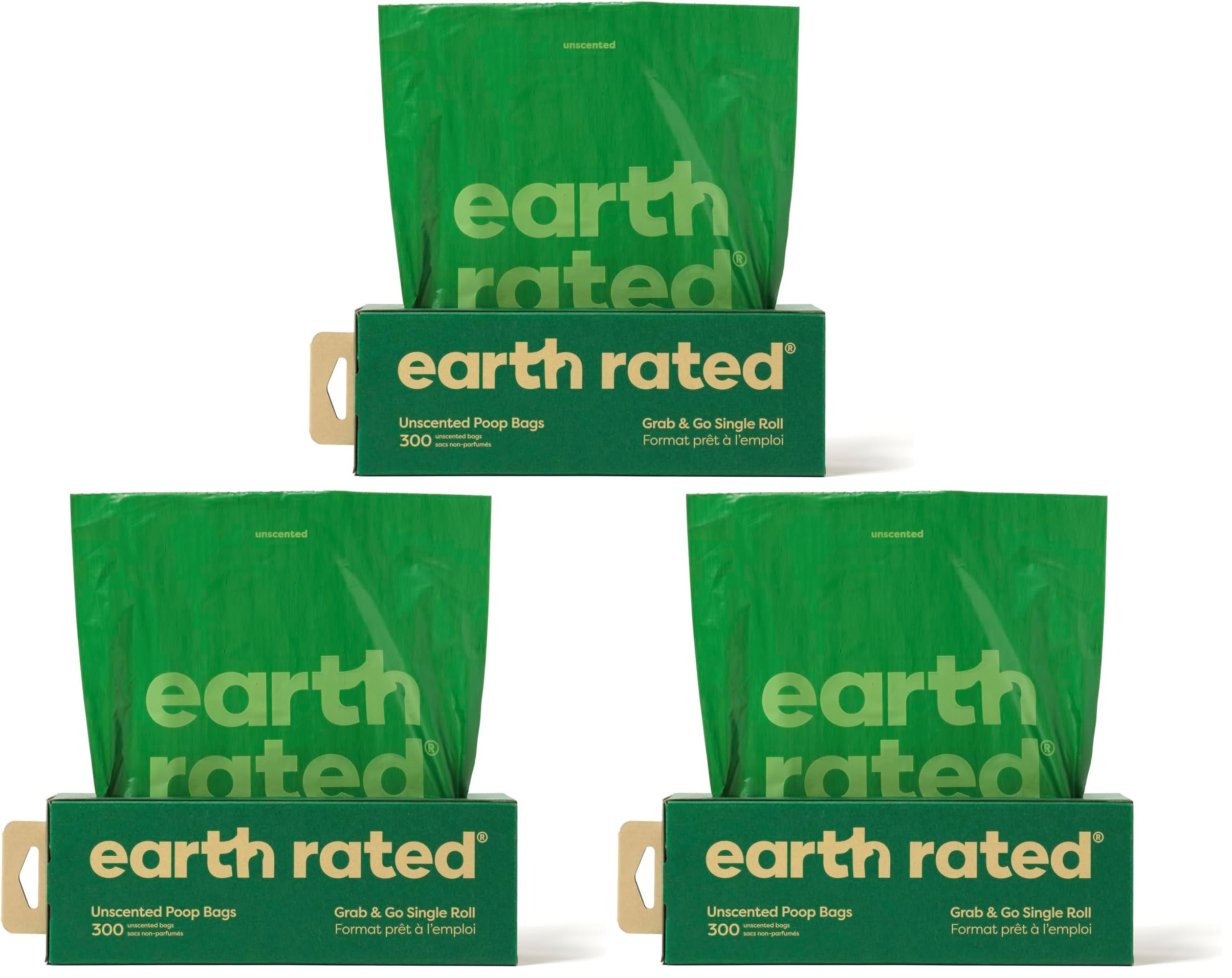 Earth Rated Dog Poop Bags, Thick Grab and Go Single Roll, Ideal for Backyard Pickups, Unscented, 900 Count (3 x 300 count)