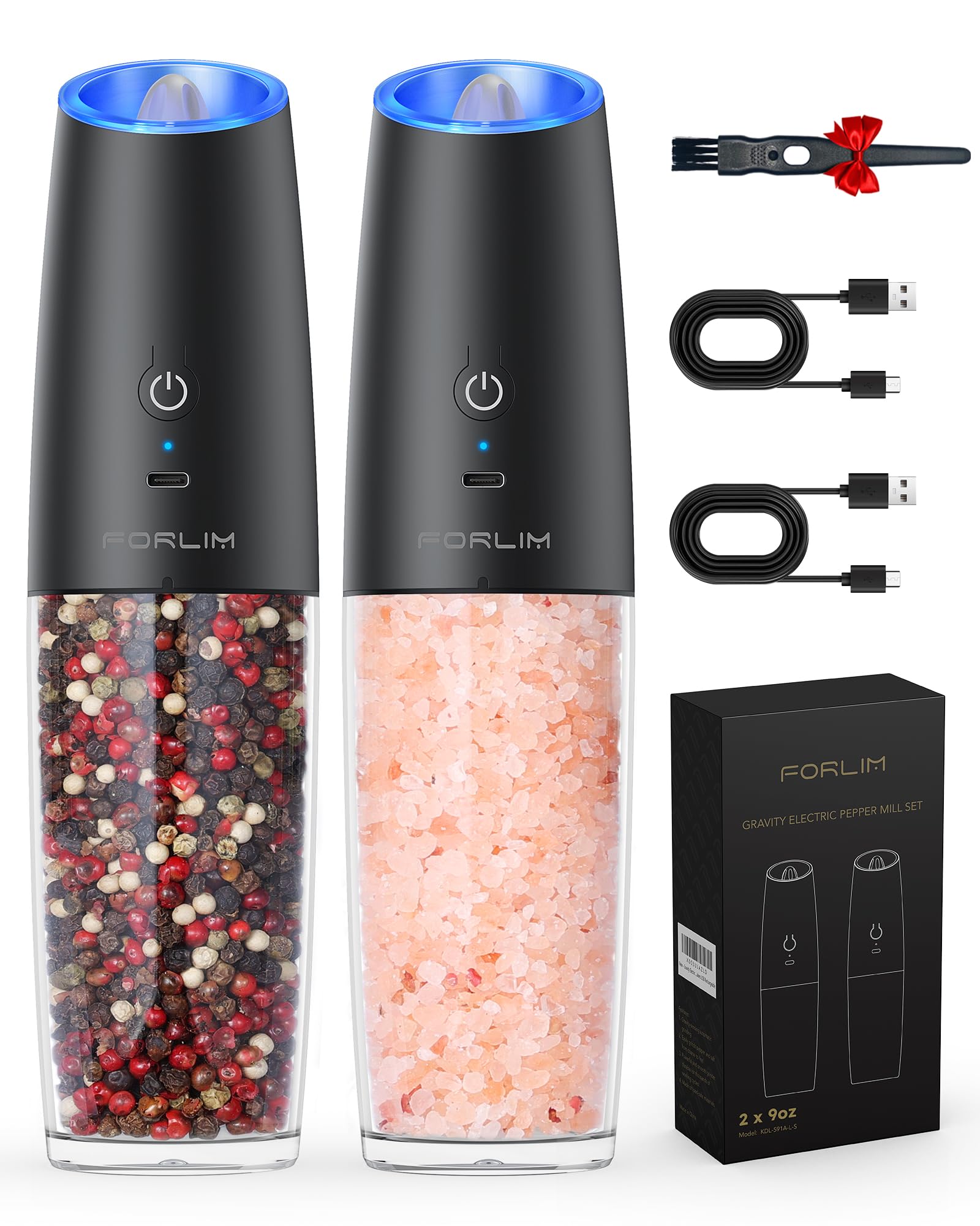 FORLIM Elektrische pepermolen, USB oplaadbaar, 6 oz capaciteit, met ledlicht, bediening met één hand, instelbare grofheid, automatisch zwaartekracht schuren, roestvrijstalen set