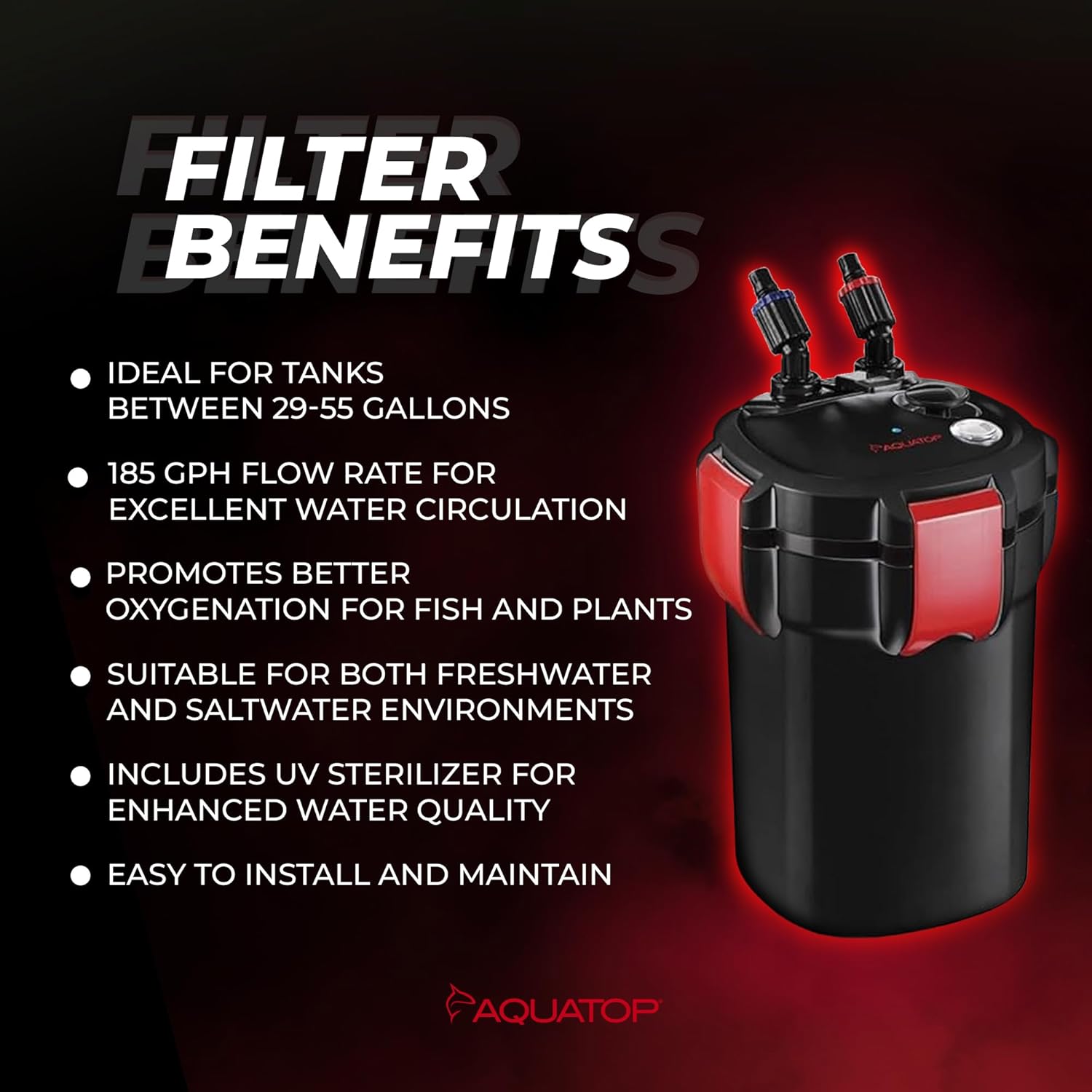 Aquatop Forza 3 Canister Filter – 7W UV, 185 GPH Flow – for 29-55 Gallon Tanks – Ideal for Fresh & Saltwater – Includes Filter Media