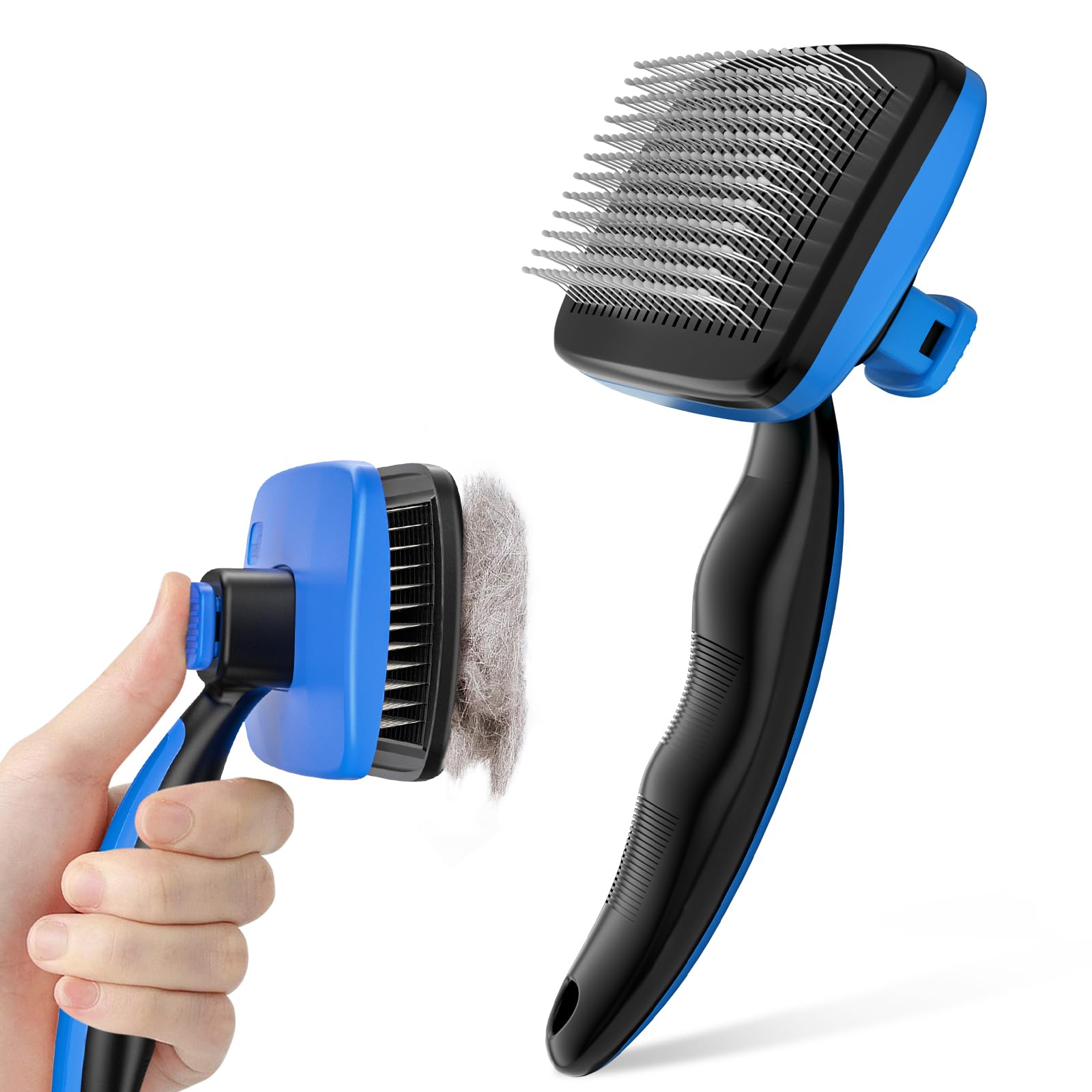 Pecute Spazzola per Cani/Gatti, Denti in Acciaio Inossidabile, Manico Antiscivolo, Un Pulsante per Rimuovere i peli, Pettinare i Grovigli e Ridurre Fino al 95% della Caduta dei Peli,Blu,S