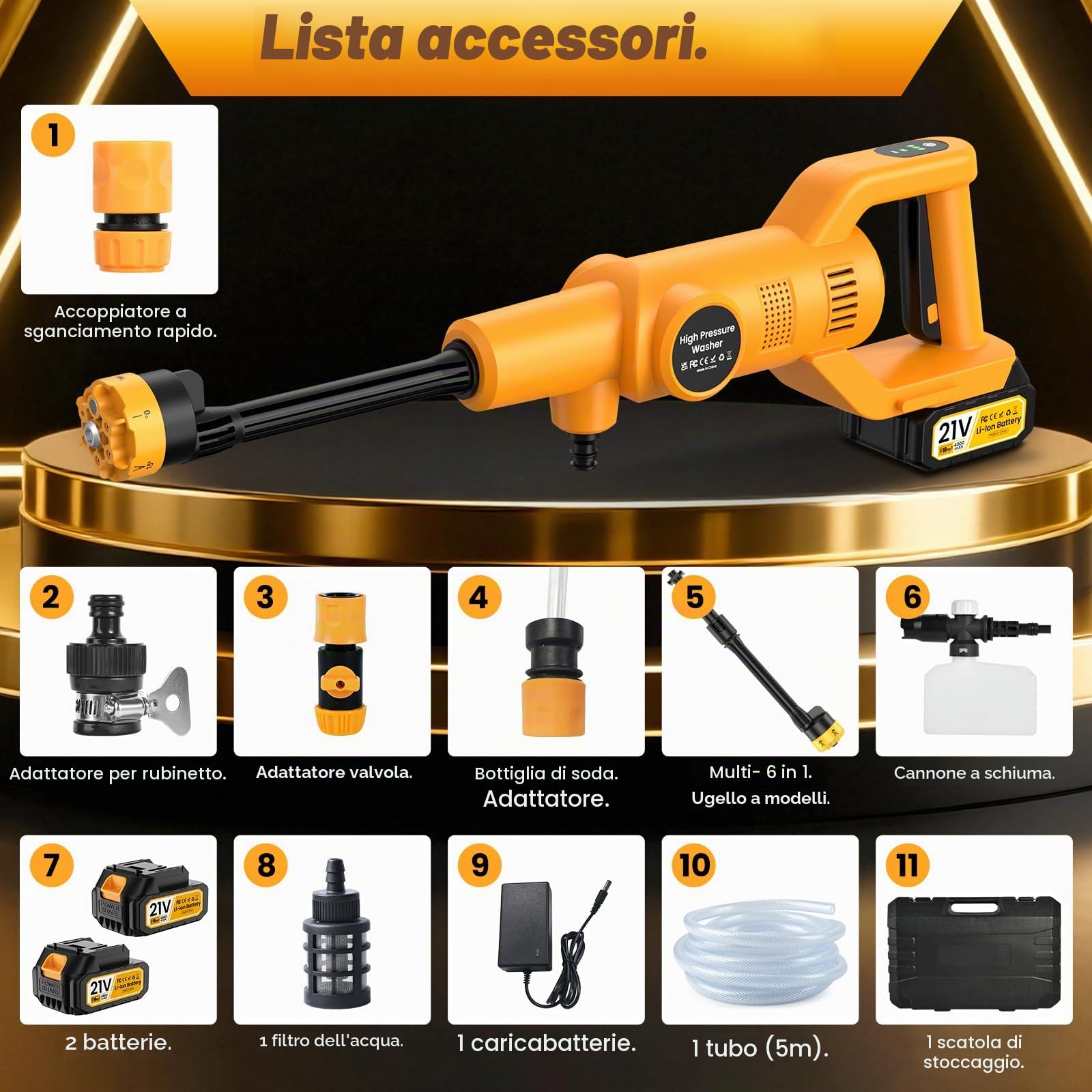 Idropulitrice a Batteria, Idropulitrice Portatile con 2 batterie da 4000 mAh, Ugello 6 in 1 e Controllo Pressione Regolabile,Agganciabile al Rubinetto, con Valigia per Giardino, Auto e Pulizie Esterne