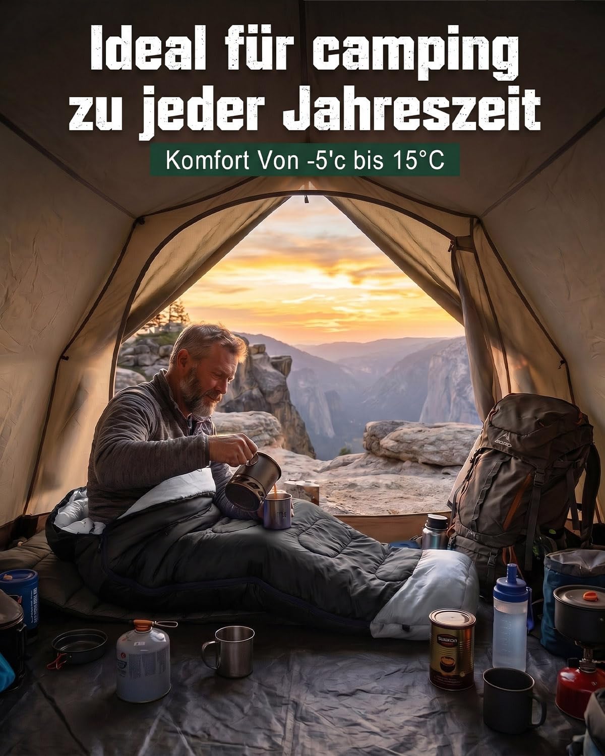 Schlafsack Camping für 3–4 Jahreszeiten, Outdoor-Schlafsack für Erwachsene und Kinder, Kompakter Schlafsäcke mit Kapuze & Innentasche, Deckenschlafsack für Bikepacking, Wandern, 220 * 75cm