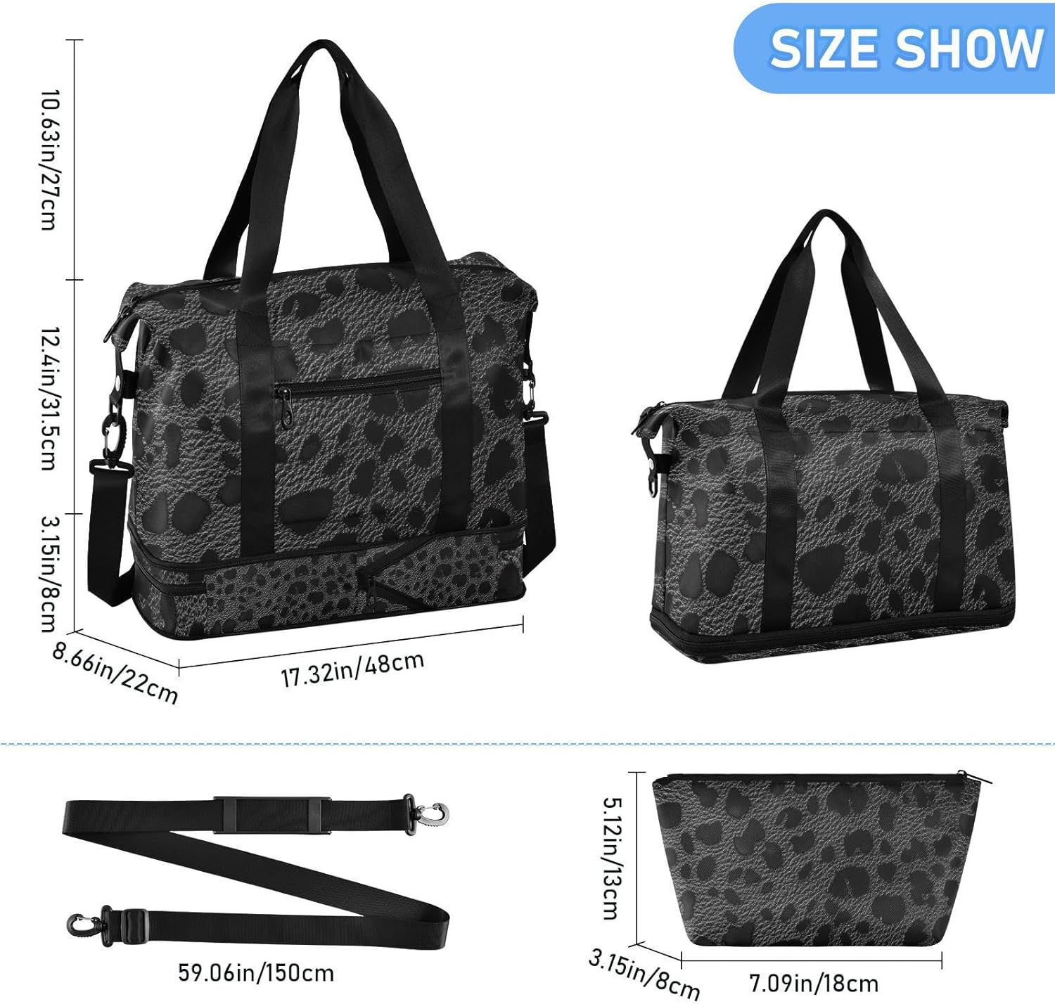 Black Leopard Animal Print Large Gym Bag Carry On Tote Bag with Adjustable Strap for Yoga Large Capacity