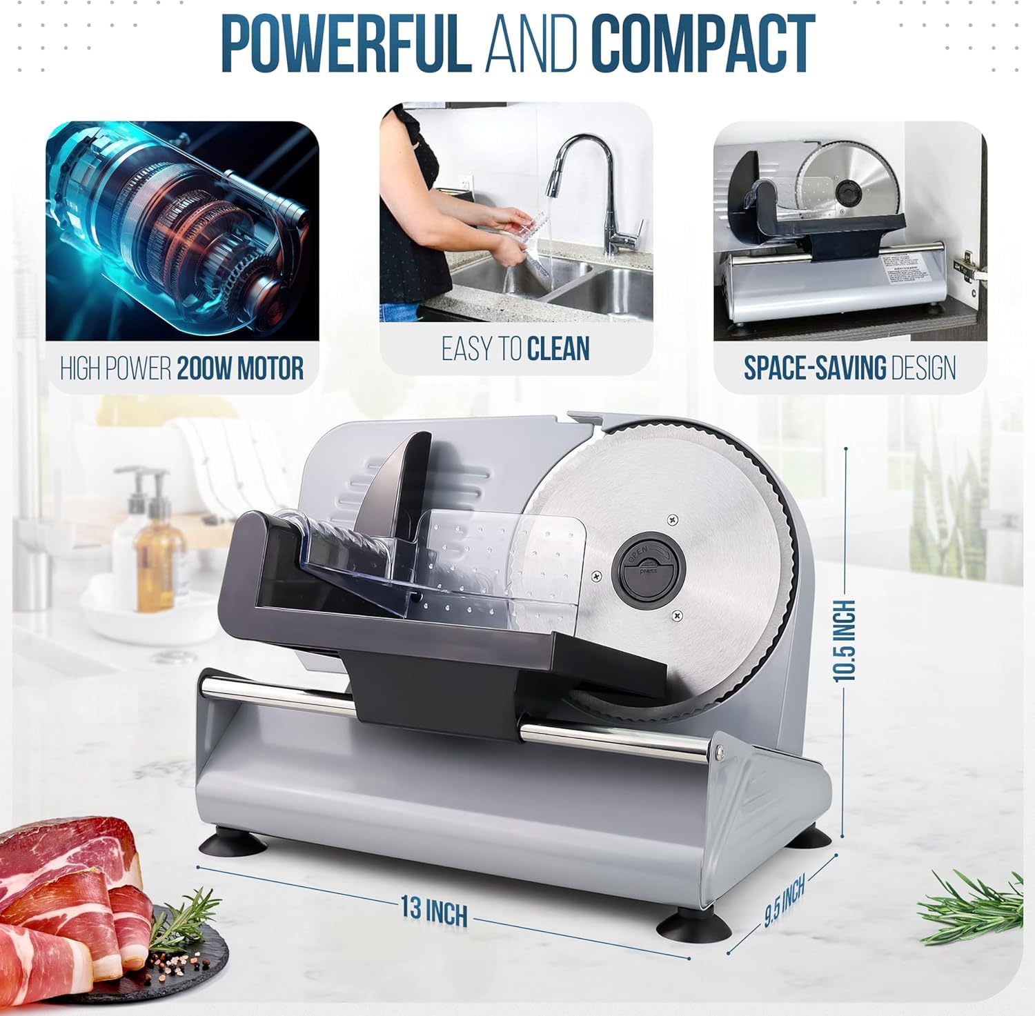 Cortador de carne, de 200 W potente rebanador eléctrico de alimentos para uso doméstico, queso, pan, verduras, hoja redonda de acero inoxidable de 7.5 pulgadas, protección de bloqueo de niños y grosor
