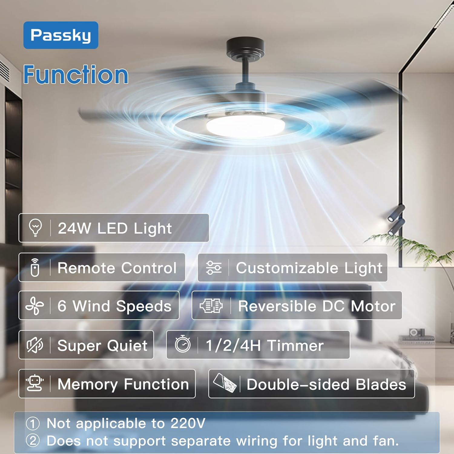 Passky Ceiling Fans with Lights, 52 inch Sleek Ceiling Fan with Light and Remote Control, 3CCT, Dimmable, Reversible, Noiseless, Black Ceiling Fan for Bedroom, Living Room - Image 2