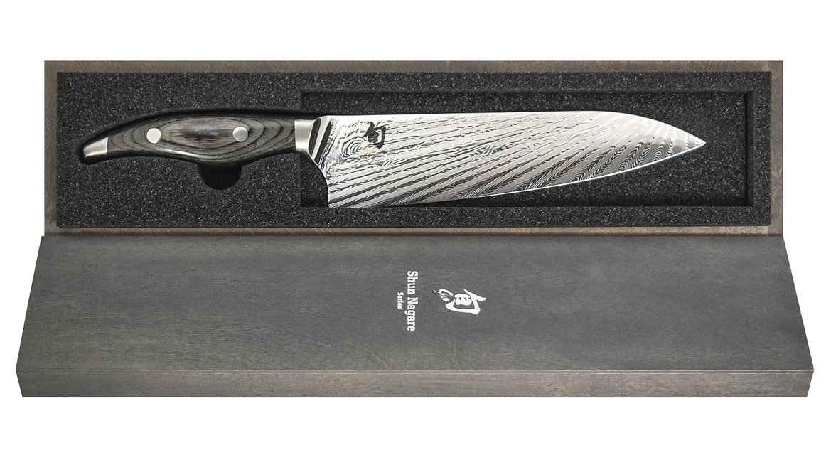 Damastmesser Kai Shun Nagare - Kochmesser + Santokumesser + Schneidbrett