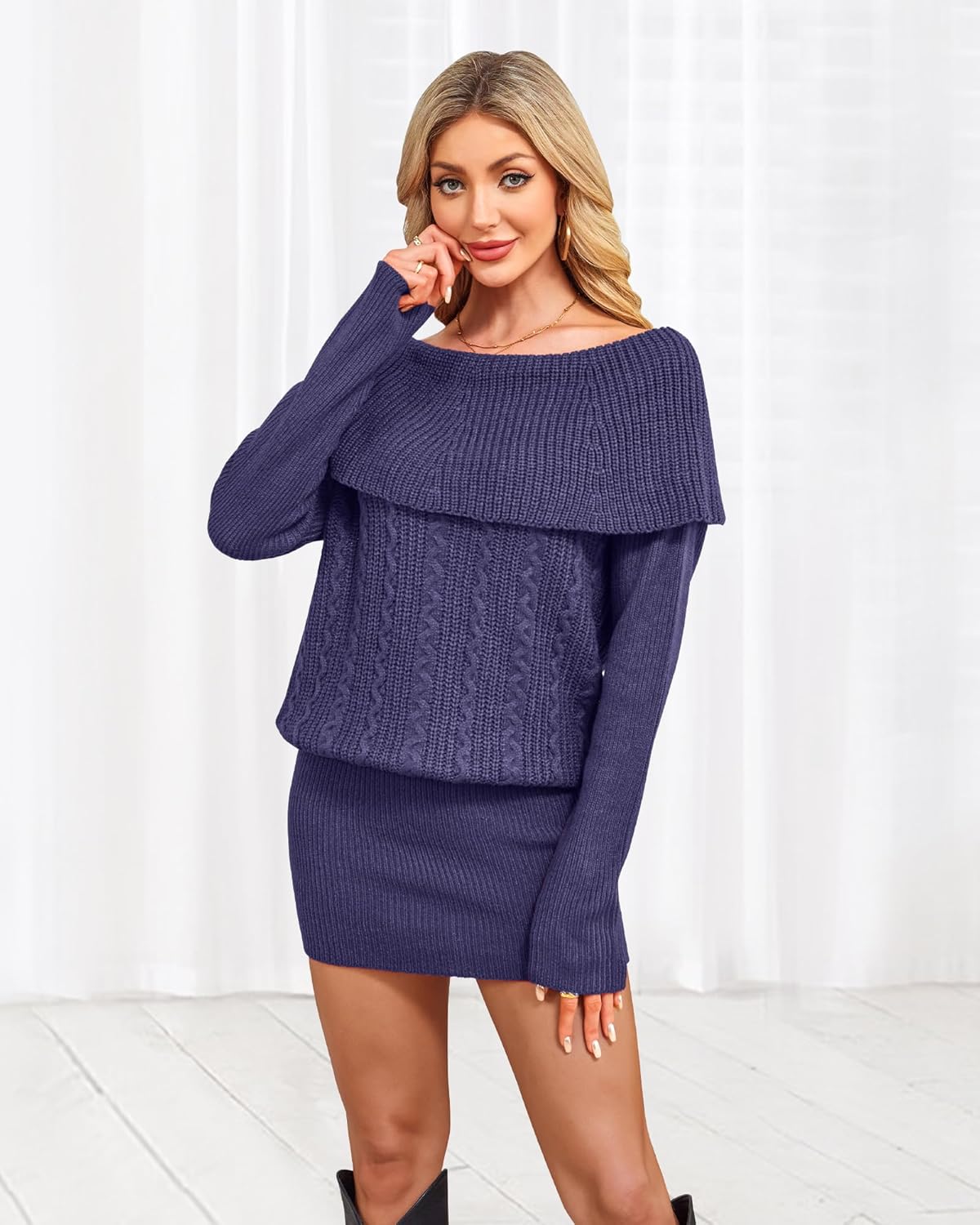 Bebonnie Women's Long Sleeve Cowl Neck Chunky Cable Knit Sexy Bodycon Mini Sweater Short Dress - Image 3