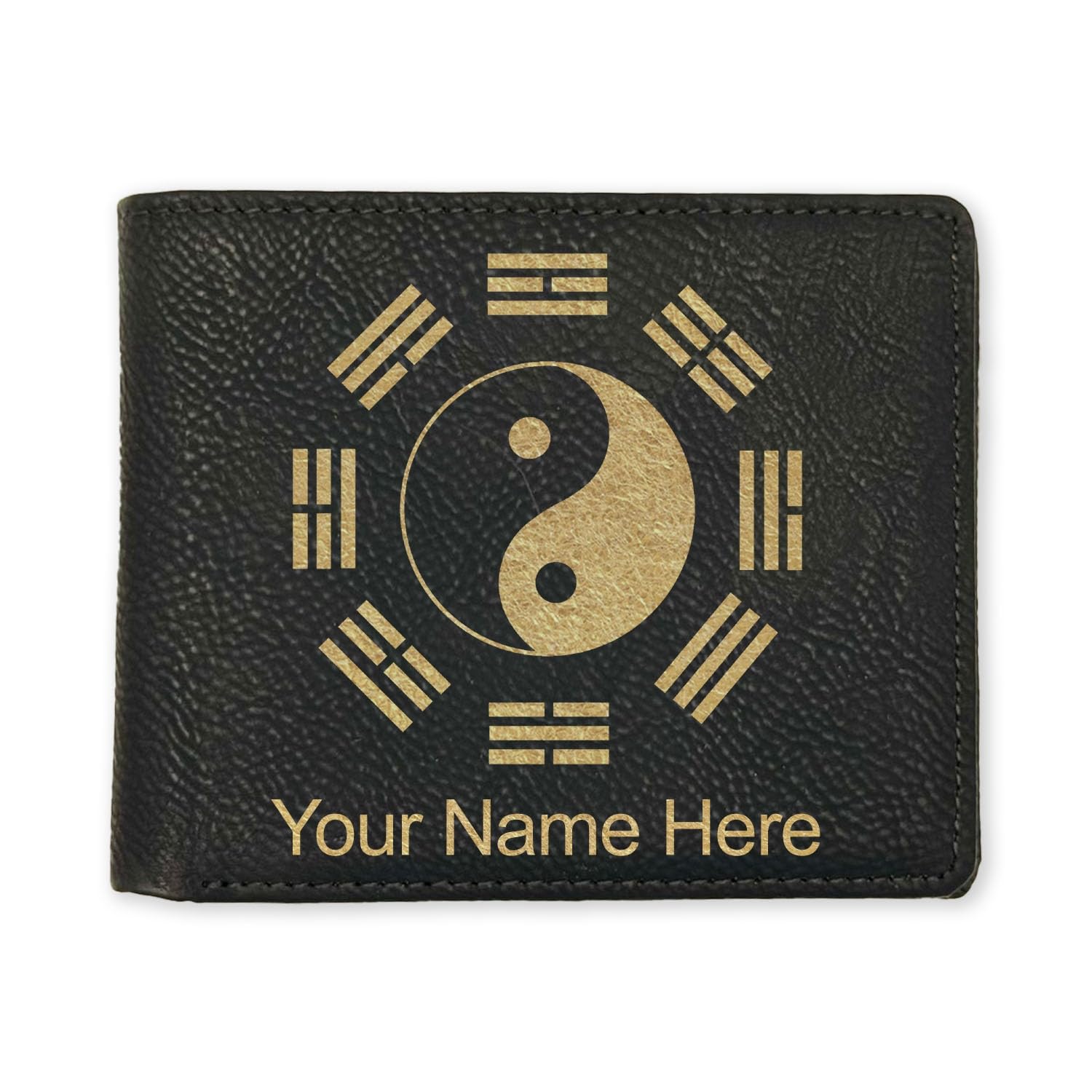 LaserGram Faux Leather Bi-Fold Wallet, Yin Yang Tai Chi, Personalized Engraving Included (Black with Gold)