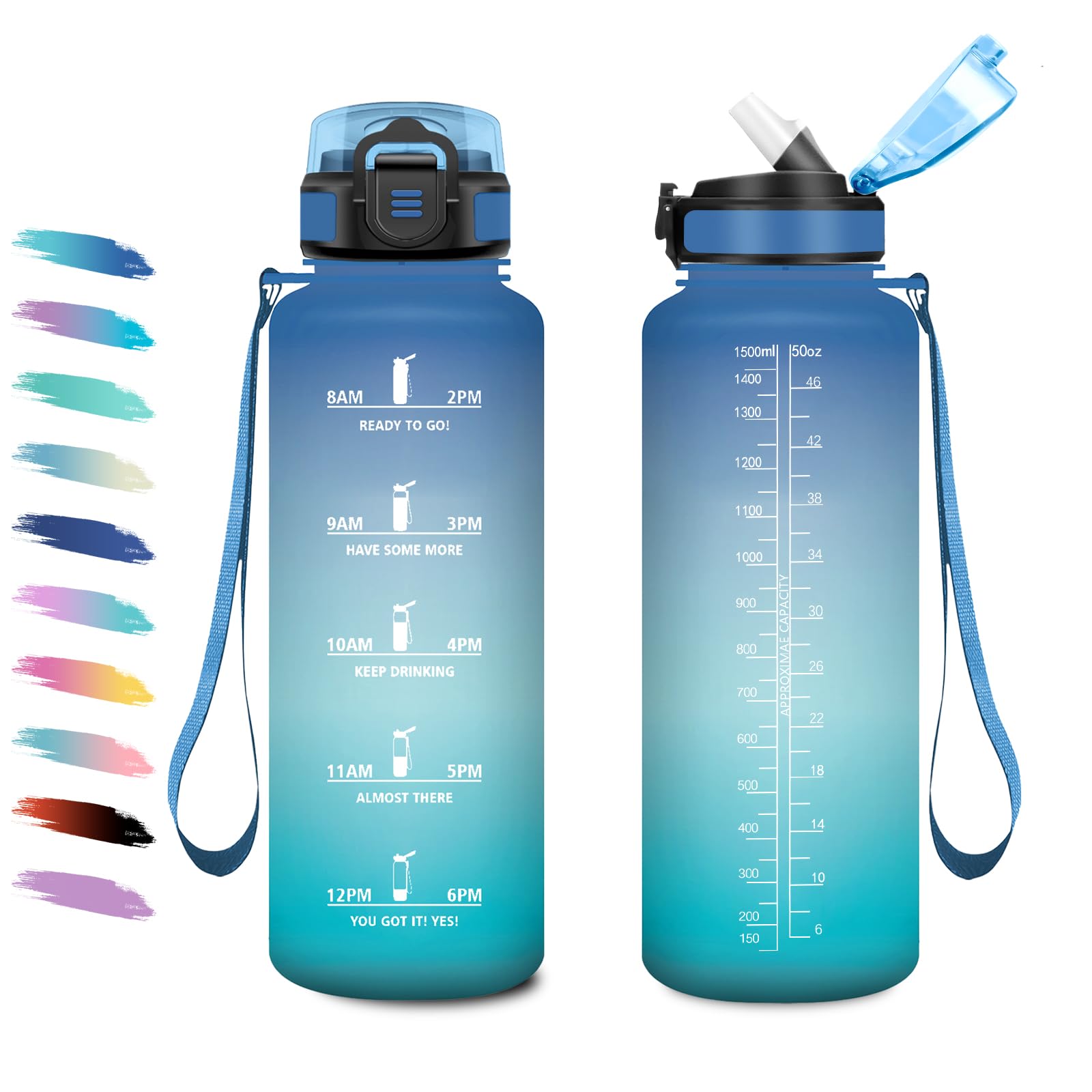 Trinkflasche Sport 1.5L, Auslaufsicher Wasserflasche mit Zeitmarkierung, Flas