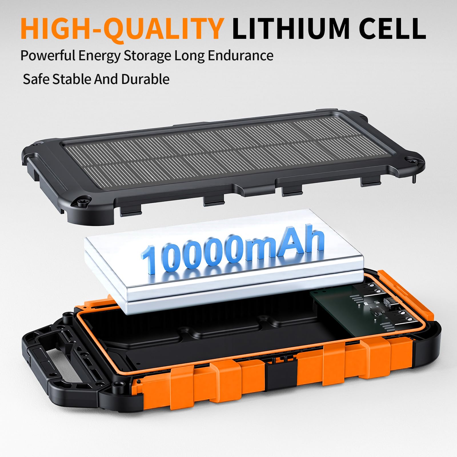 Batteria esterna solare 10000 mAh PD 15 W caricatore solare con 2 porte USB e ingresso USB-C ricarica rapida solare power bank impermeabile compatibile con telefono tablet campeggio, arancione