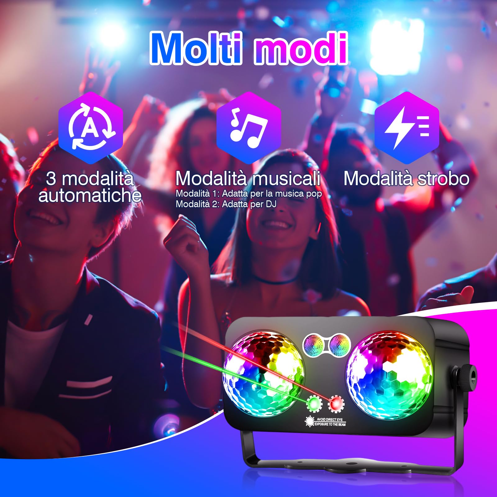 Tomshine 6 in 1 Lampada Festa Doppia Disco Ball – Luce DJ/Scenica Attivata dal Suono, 64 Motivi HD, UV, Strobo, Timer e Telecomando per Compleanno, Matrimonio & Decorazione