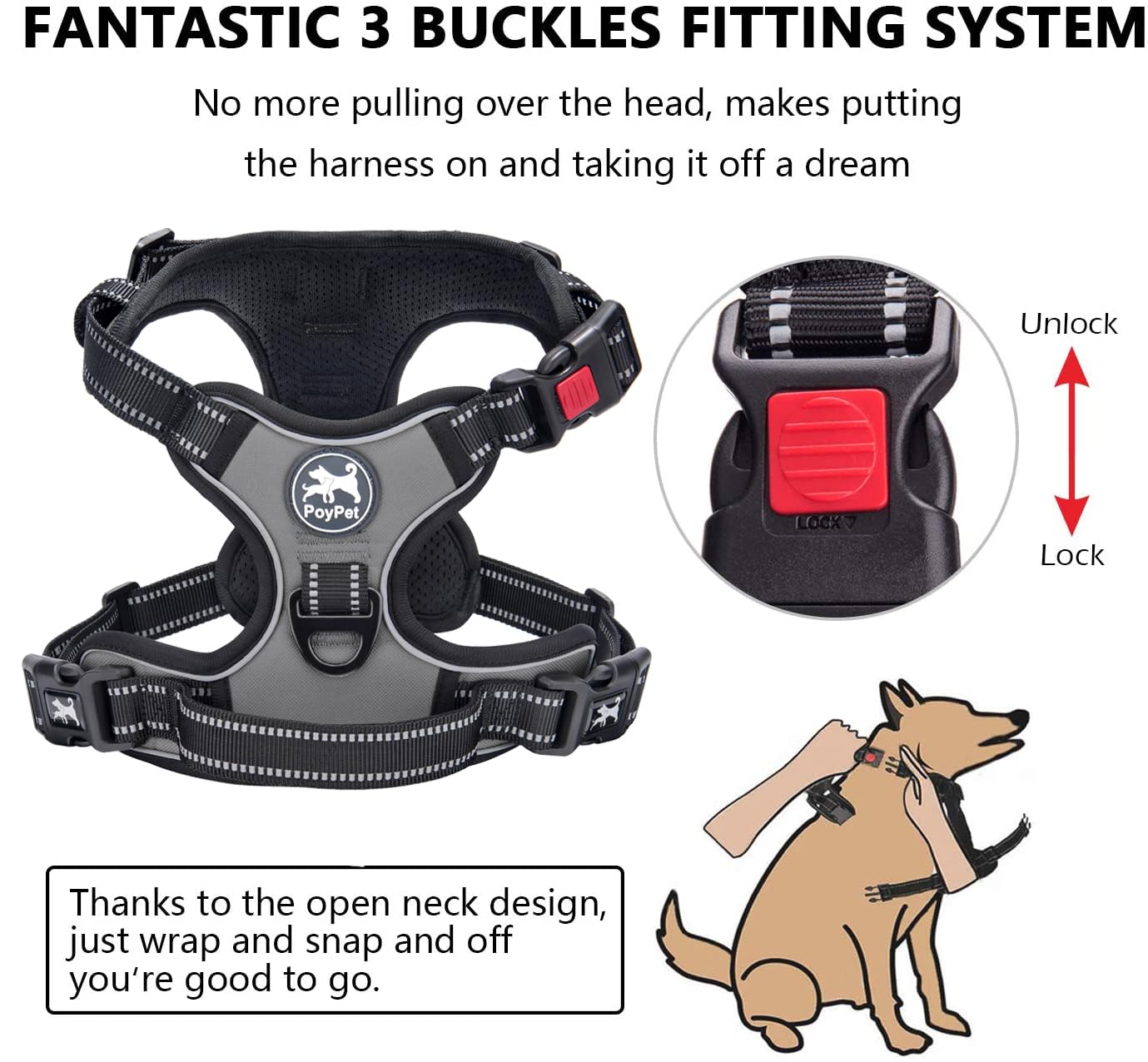 PoyPet No Pull Dog Harness with Neck Release Buckle, Reflective No-Choke Harness with 2 Leash Clip - Image 3
