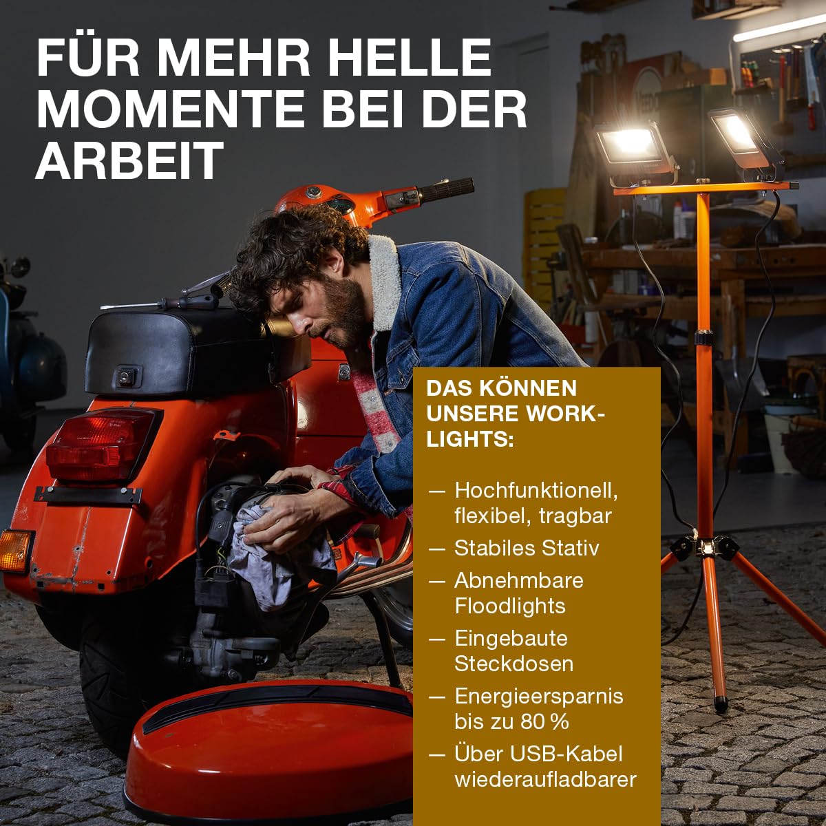 LEDVANCE Worklight LED Tripod - Arbeitslicht mit Stativ, zentraler Fluter mit 30W und zwei abnehmbaren Akku Strahlern 5W, IP54, 3280 Lumen, 4000K kaltweiß, Rotationswinkel 360°