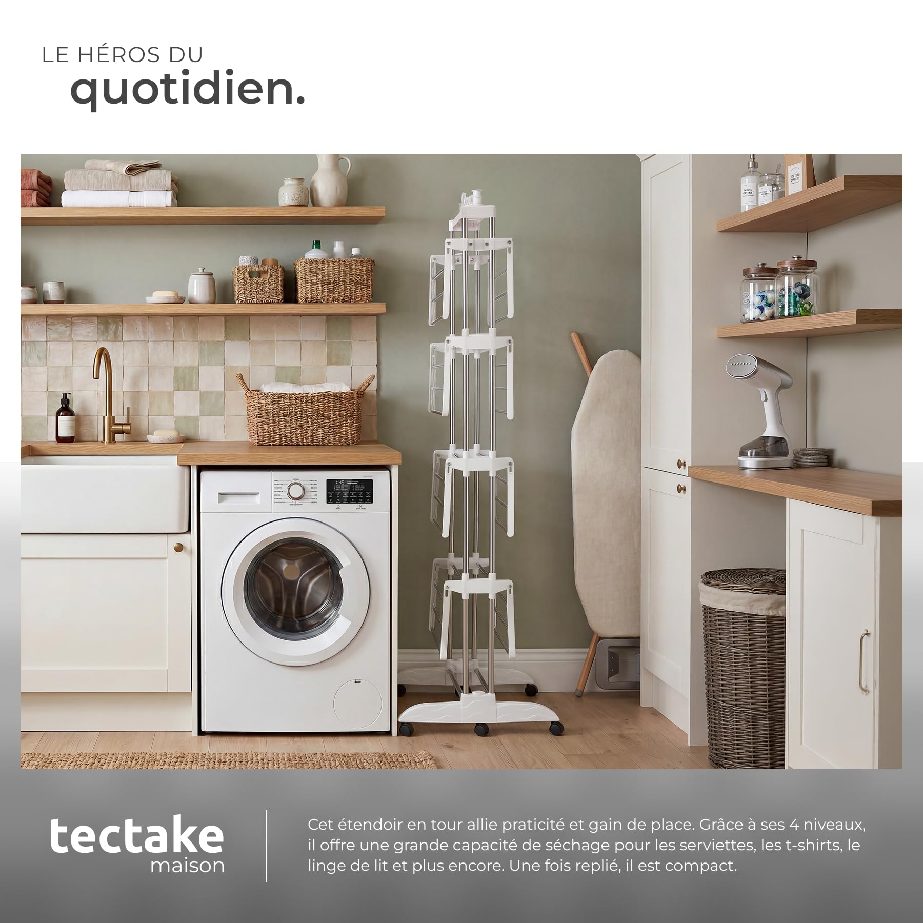 tectake® Séchoir à Linge en Tour Pliable, 125 x 63 x 179 cm, 4 étages et 32 tringles, 6 roulettes Doubles, 2 Ailes latérales pivotantes, Système d'emboîtement, Etendoir Linge Interieur & Extérieur