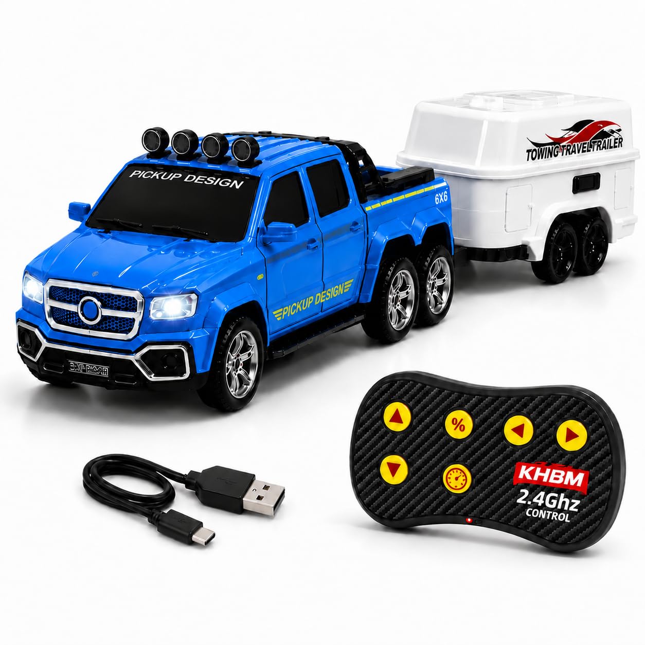 Prime Brands 200+ Feet 1:64 Scale RC Pickup Truck with Travel Trailer | 2.4GHz Remote Control Car | Rechargeable Metal Die-Cast Toy Vehicle | LED Lights | 3 Speed Modes | Type-C Charging (Blue)-image-20