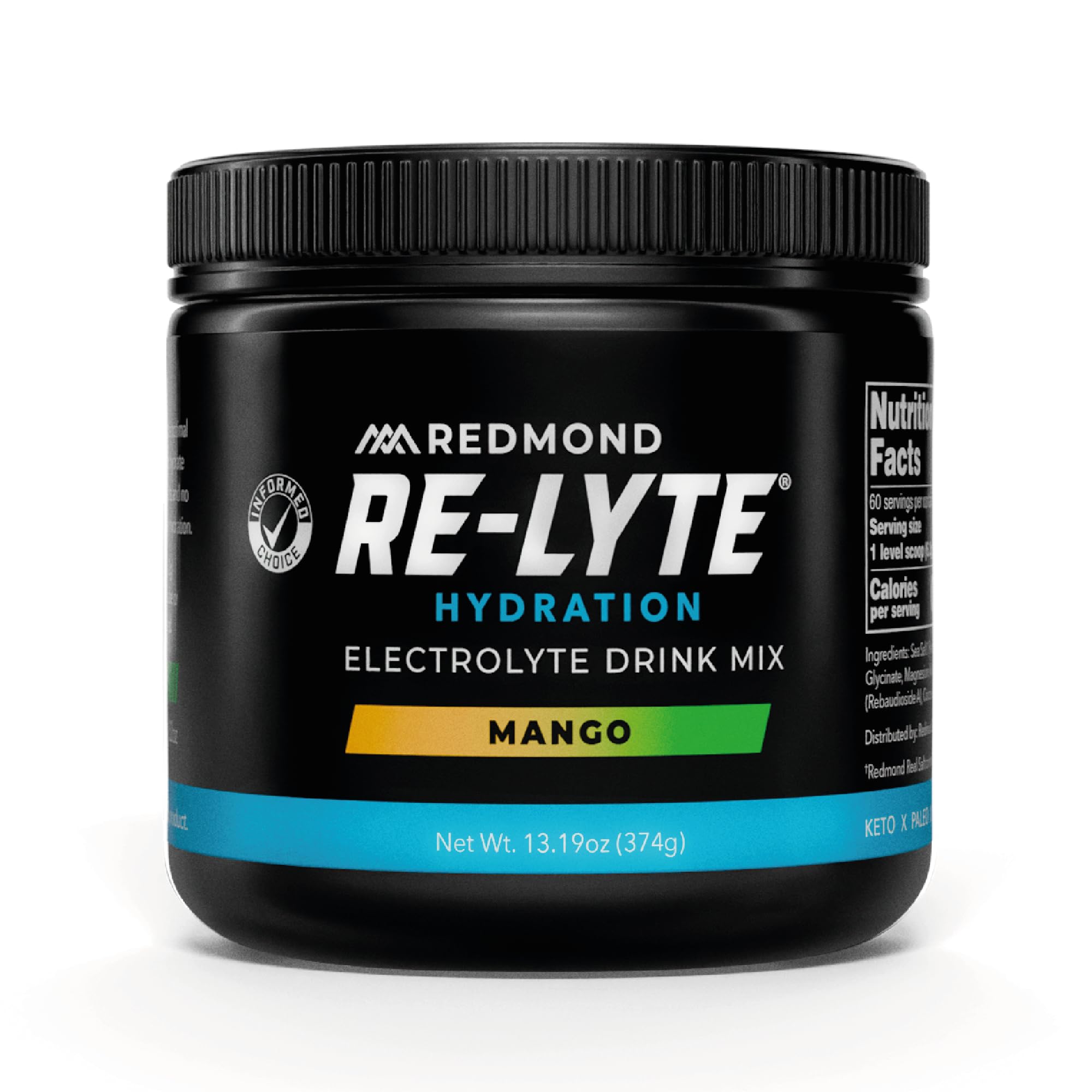 REDMOND Re-Lyte HYDRATION Drink Mix MANGO, lata de 374 g - Electrolitos en polvo, sin azúcar, con auténtica sal Redmond Real Salt, electrolitos, más de 60 minerales y oligoelementos esenciales