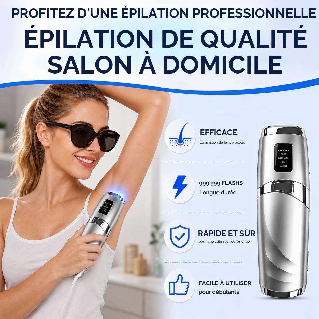 Épilateur Lumière Pulsée avec Système de Refroidissement par Glace, Épilateur à Lumière Pulsée avec 9 Niveaux D'énergie, 999 999 Flashs, Épilation Laser pour Visage, Jambes et Corps