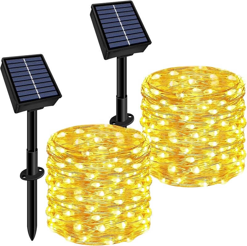 Solar String Lights Outdoor Waterproof 2 Pack Total 66ft 200LED Warm White | 8 Modes Twinkle Lights Solar Fairy Lights for Patio, Garden Yard Party Wedding Tree Christmas Halloween Decoration