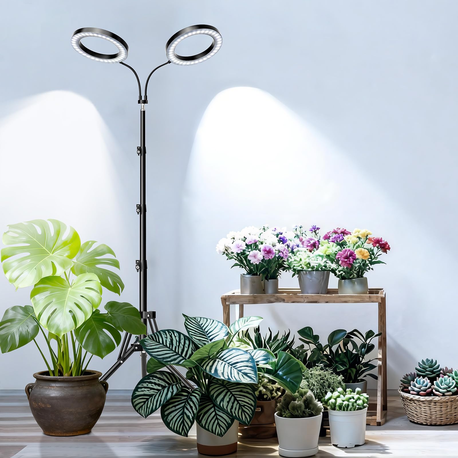 luz crecimiento plantas interior con LED,Lámpara de cultivo con soporte,3 modos, 10 brillos100-170 cm Ajustes del temporizador de 3/9/12 horas Cabezal de lámpara ajustable en 360°