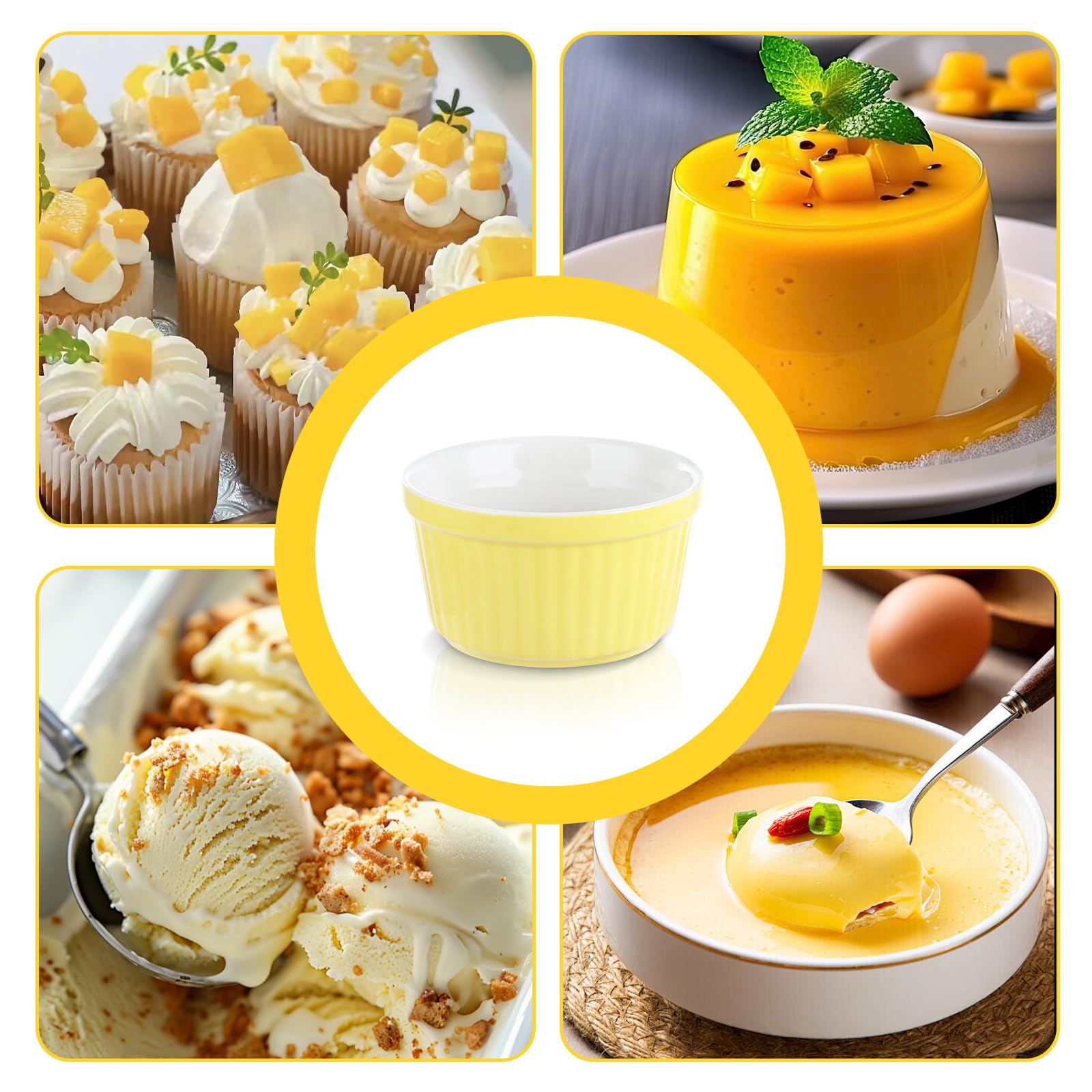 Lot de 12 ramequins en porcelaine jaune à rayures pour soufflé, confitures, cupcakes, crème pâtissière, pudding, muffins, crème glacée – 9 x 5 cm