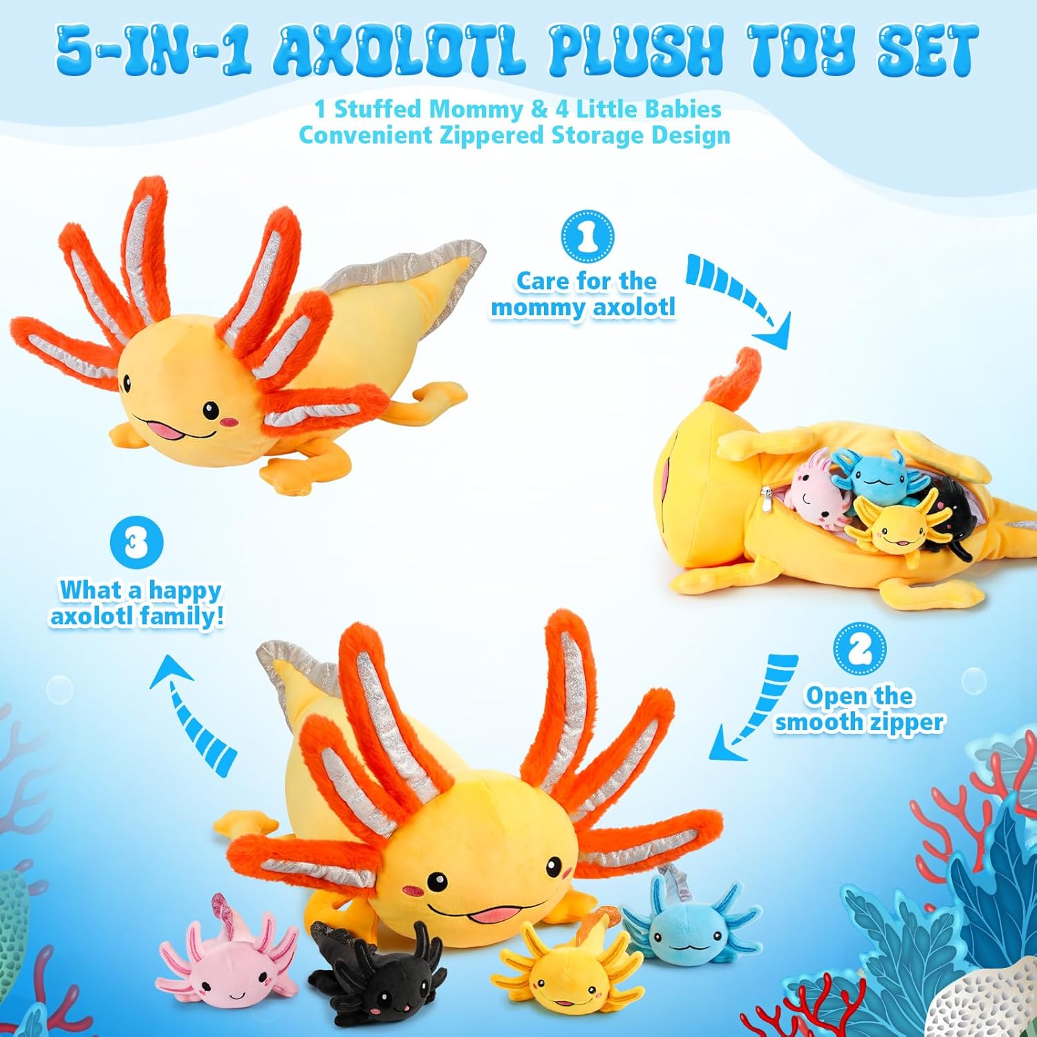 Aoriher 5 Pcs Axolotl Plush Set 24 Inch Mommy Axolotl Stuffed Animal with 4 Cute Plush Babies in Belly Soft Cuddly Plushie for Kids Sleeping Birthday Graduation Valentine Gift Party Favors(Orange) - Image 3