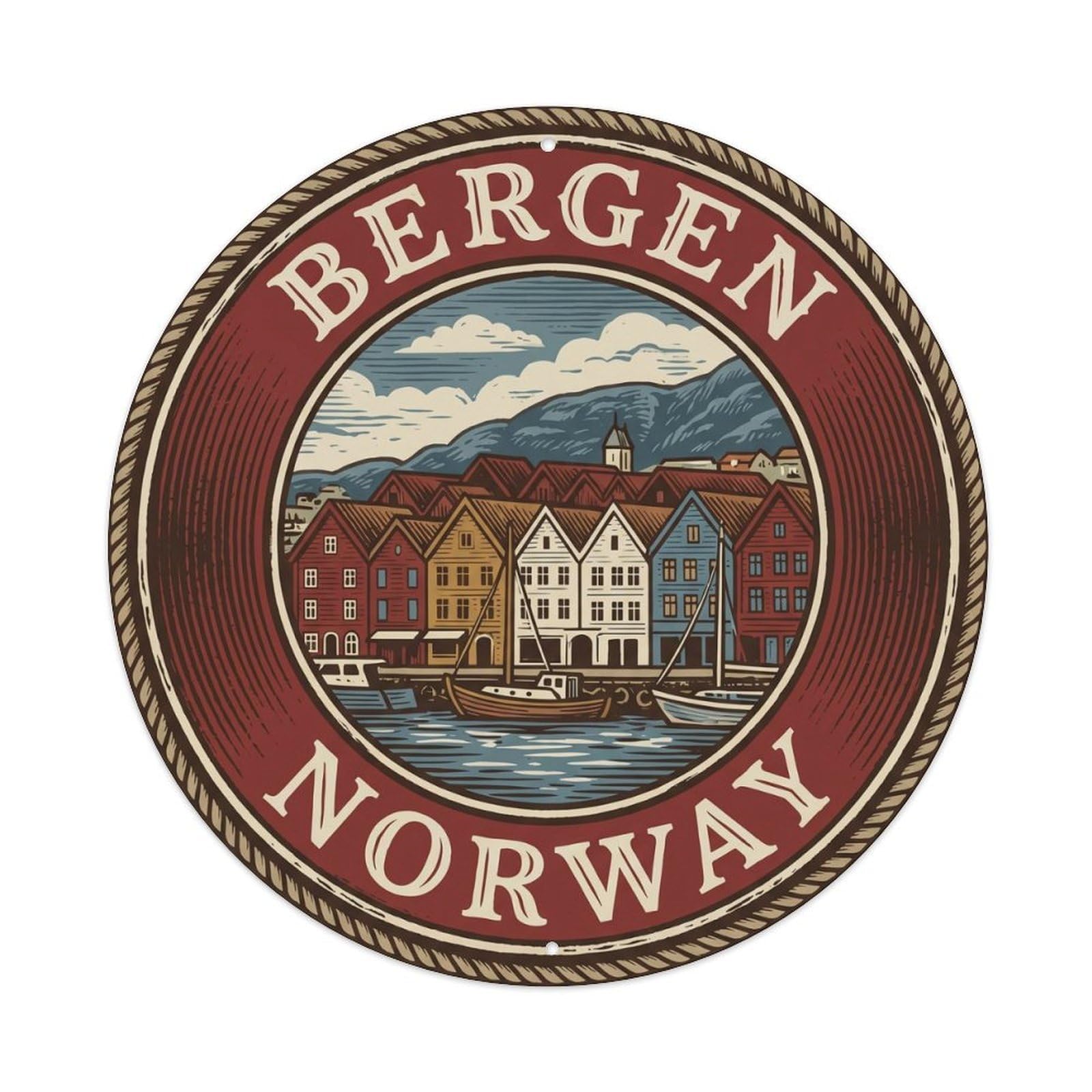 Vintage Travel Norway Bergen Circle Vintage Metal Tin Sign Plaque Wall Decor for Cafe, Club Bar, Office, Garden Metal Poster 8x8Inch