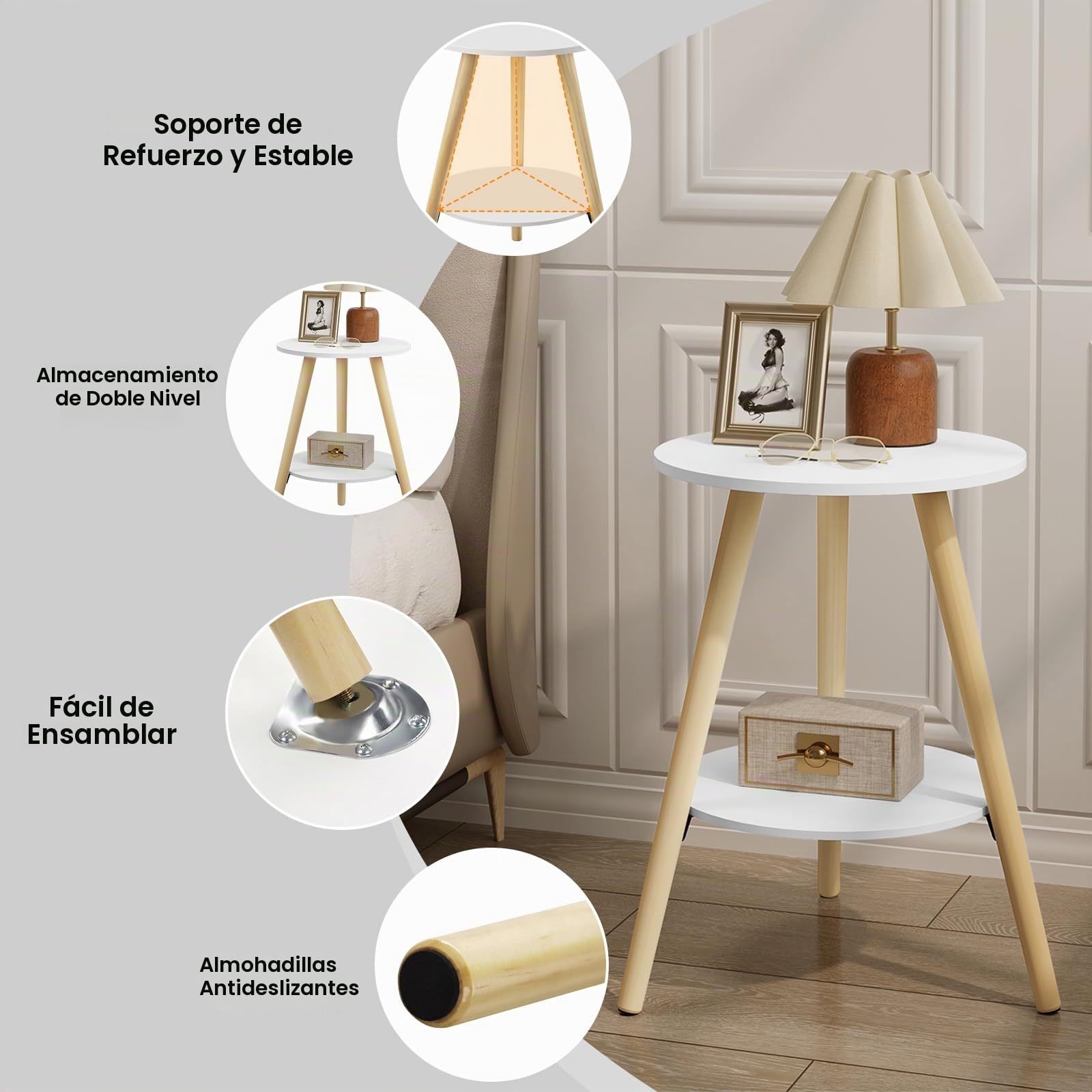 EUGAD Mesita de Noche, Mesa Auxiliar para Sofa y Cama, Mesa de Centro Redondo, Mesilla para Dormitorio Sofa Cama, Blanco+Madera Original, 38x38x55 cm, 0006CHJ