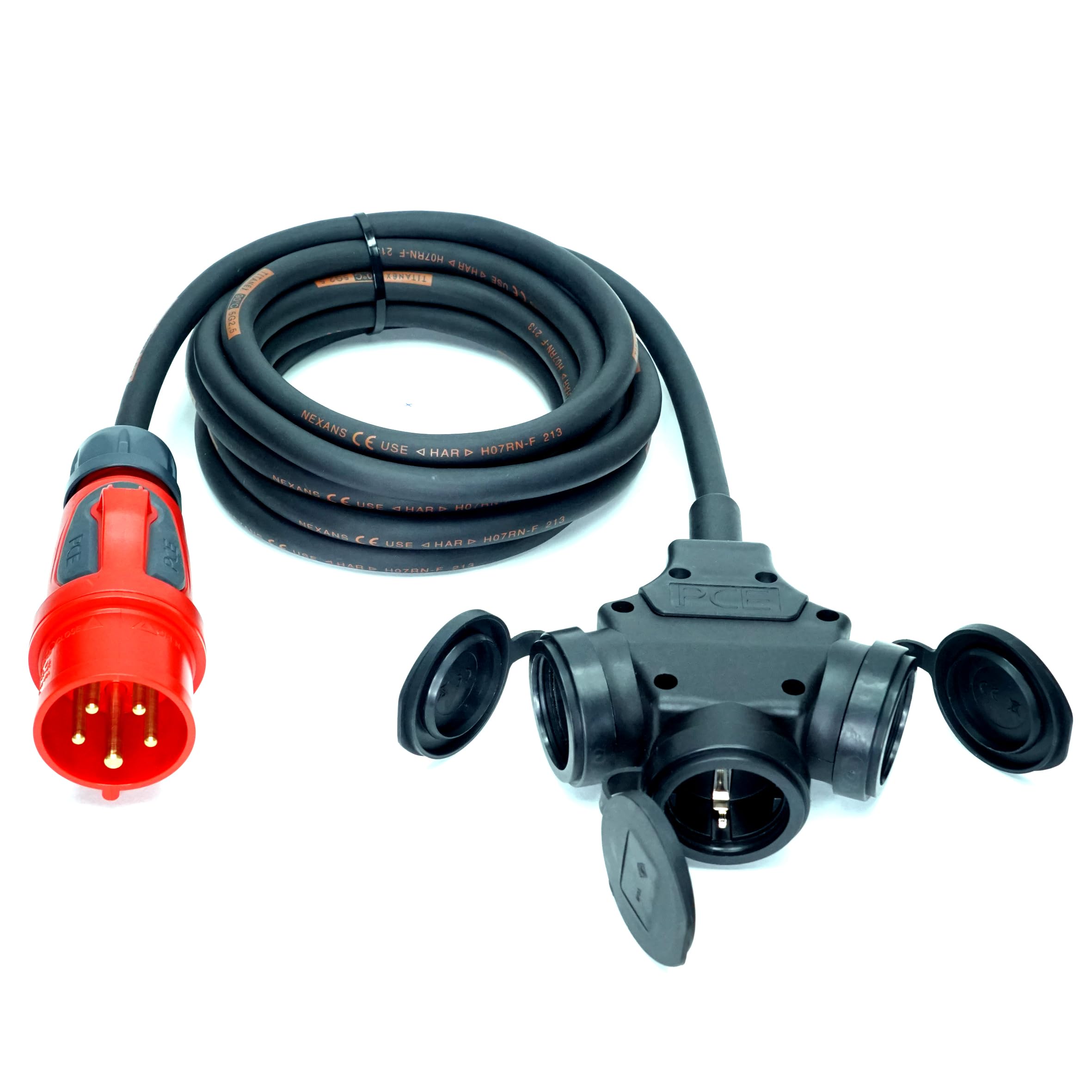 CEE-Stecker auf Schuko-Verteilung 3-Fach (1,5m-50m) 16A Verlängerungskabel Titanex H07RN-F 5x2,5mm² mit PCE Grip Stecker und 3er-Kupplung IP44, Business-Line von Event-Kabel (20 Meter)